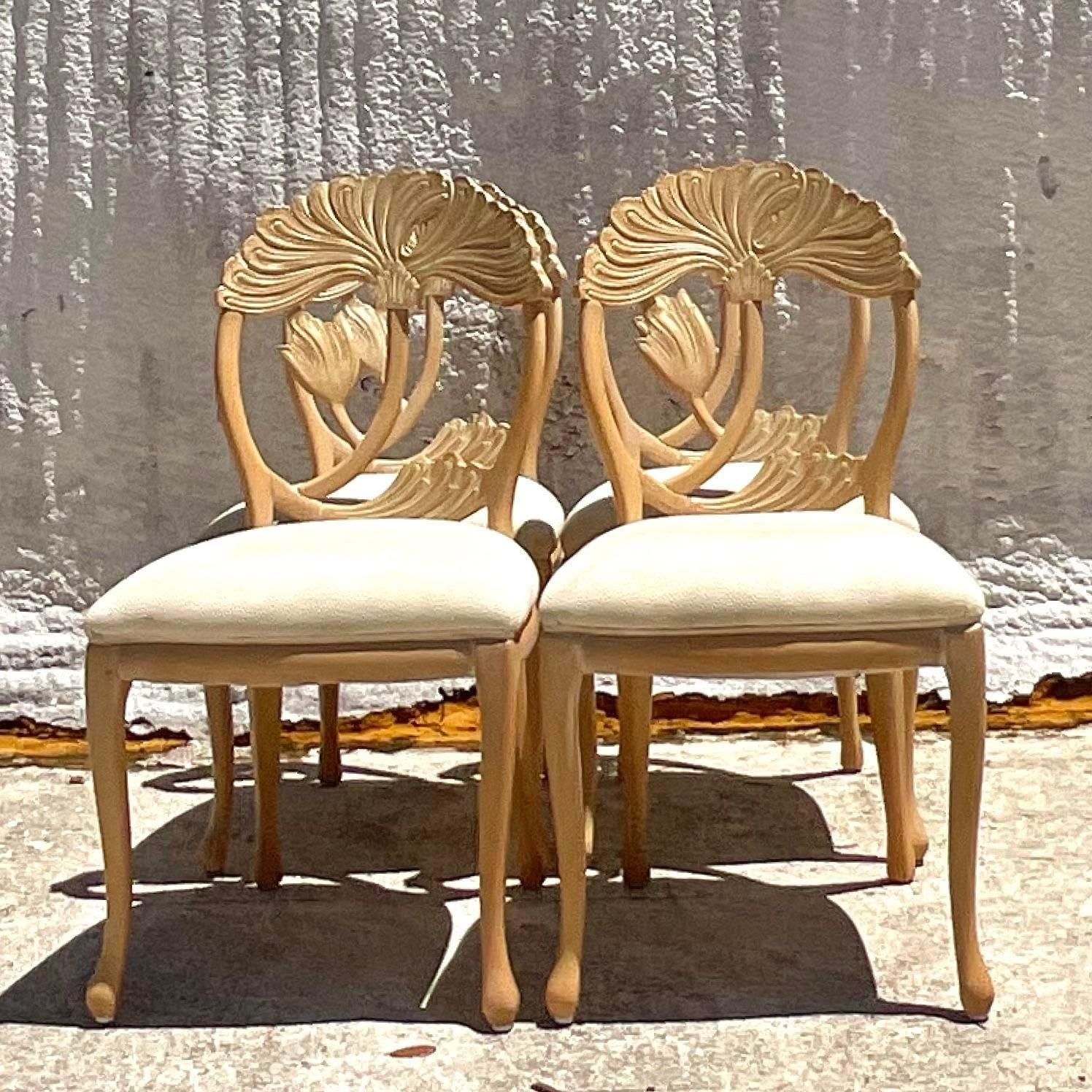 Ash Vintage Boho Carved Lotus Blossom Dining Chairs - Set of 4 For Sale