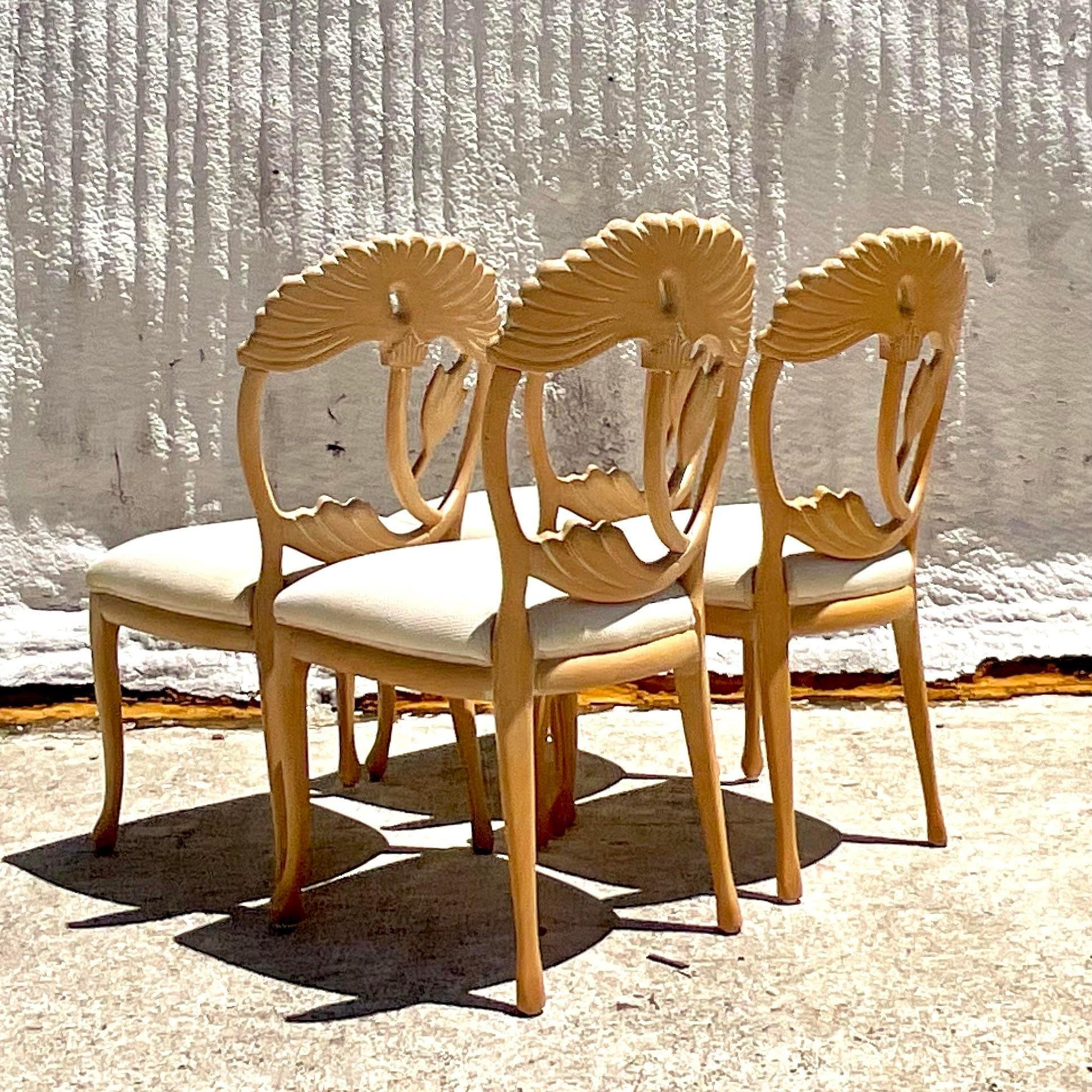 Vintage Boho Carved Lotus Blossom Dining Chairs - Set of 4 For Sale 1