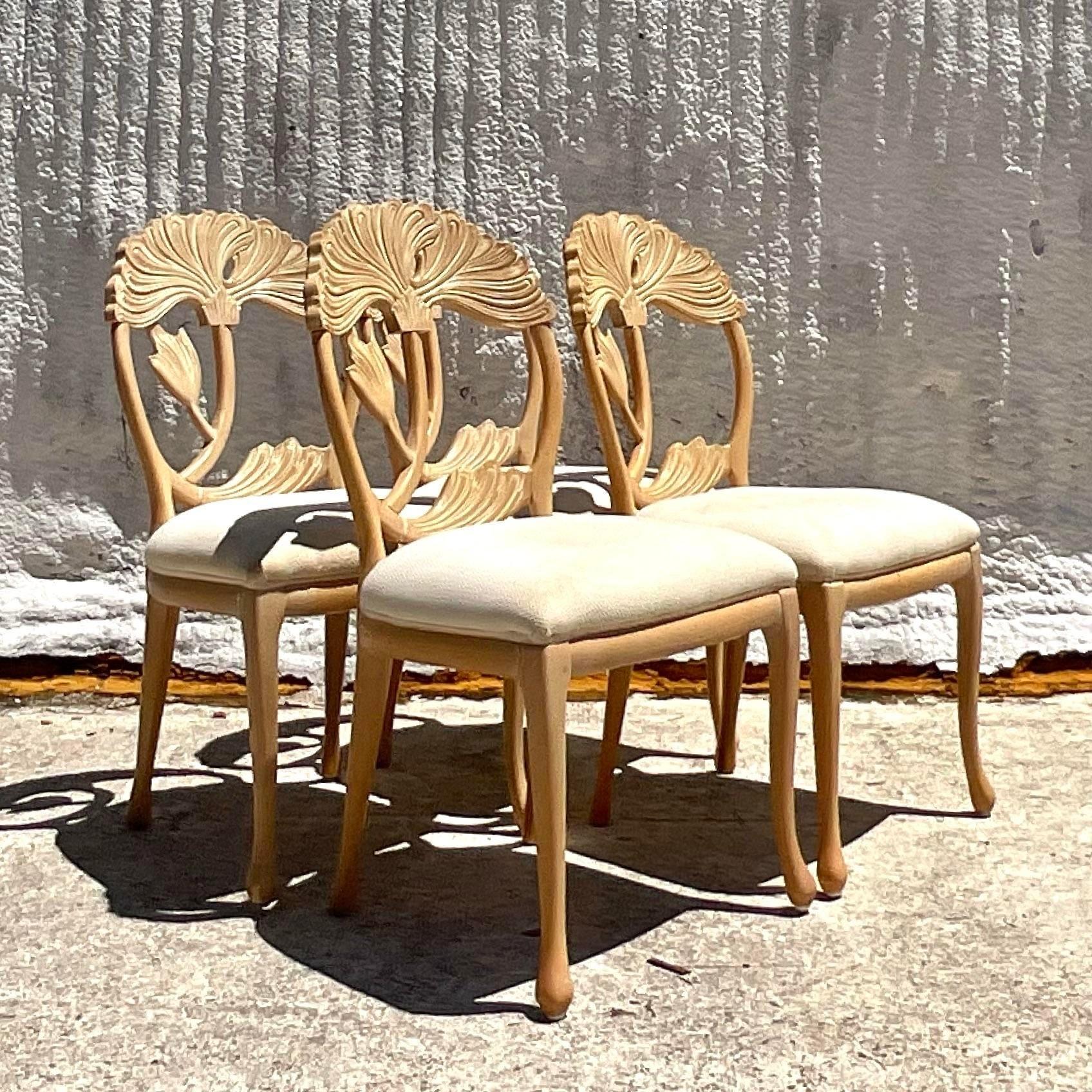 Vintage Boho Carved Lotus Blossom Dining Chairs - Set of 4 2