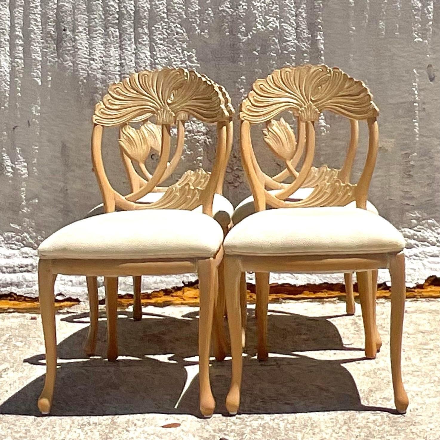 Vintage Boho Carved Lotus Blossom Dining Chairs - Set of 4 For Sale 3