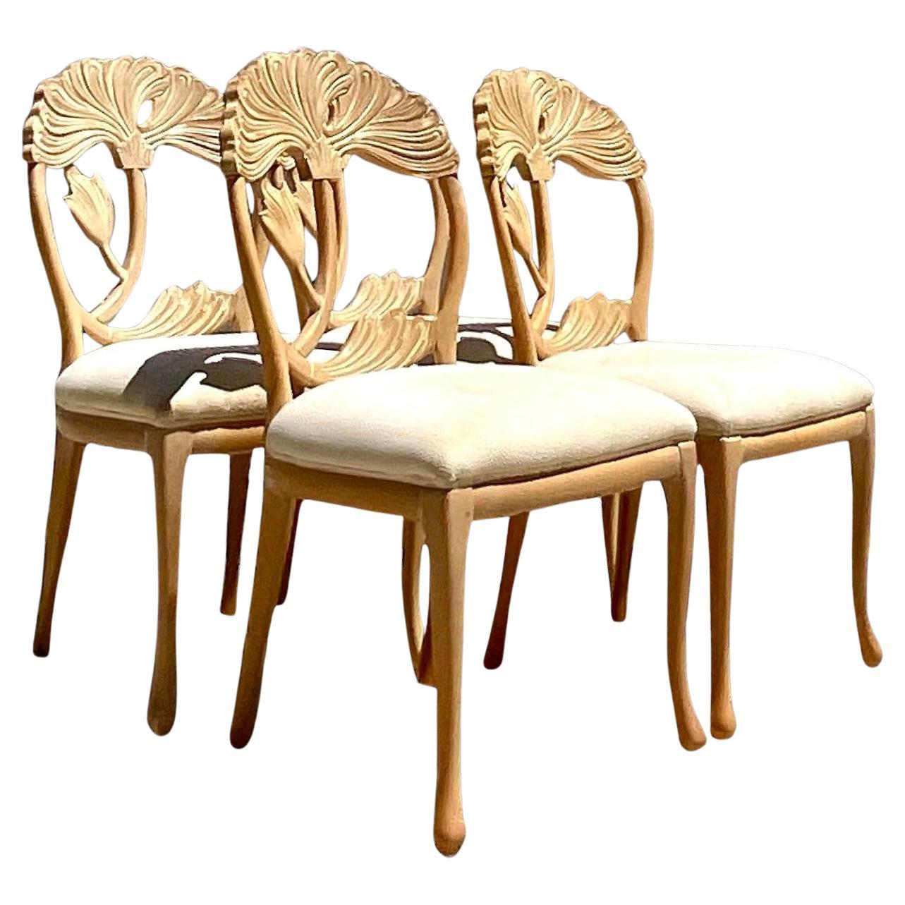 Vintage Boho Carved Lotus Blossom Dining Chairs - Set of 4