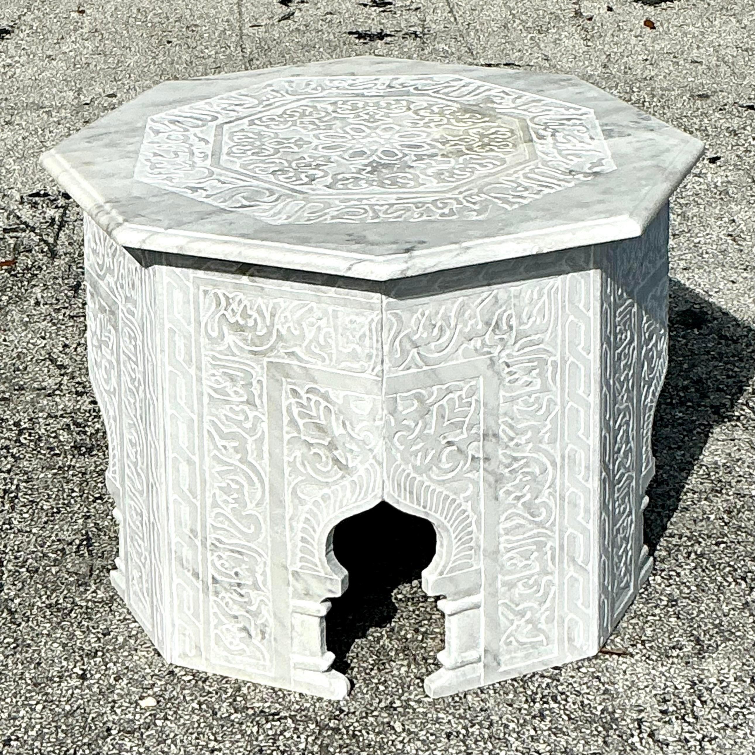 American Vintage Boho Carved Marble Moroccan Octagon Side Table