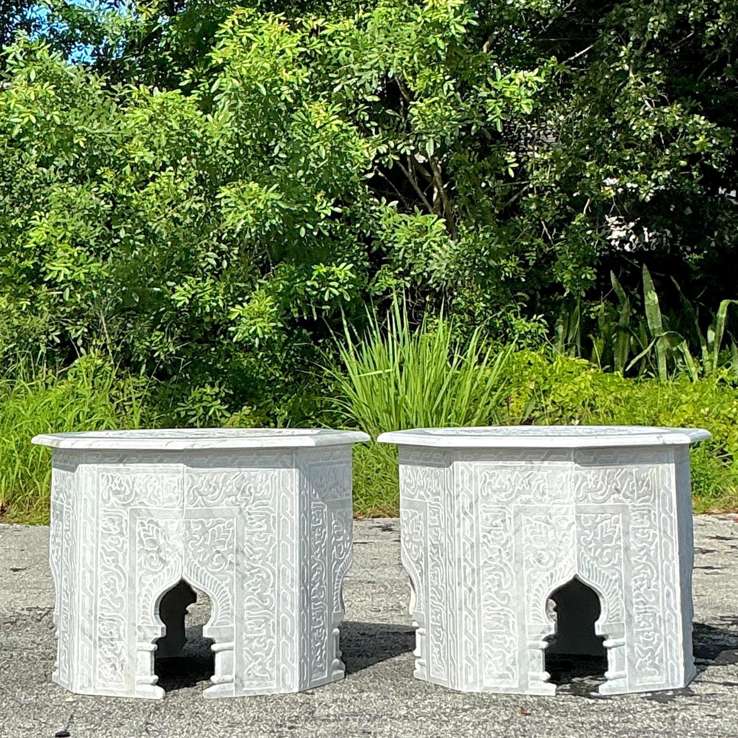 Vintage Boho Carved Marble Moroccan Octagon Side Table In Good Condition In West Palm Beach, FL