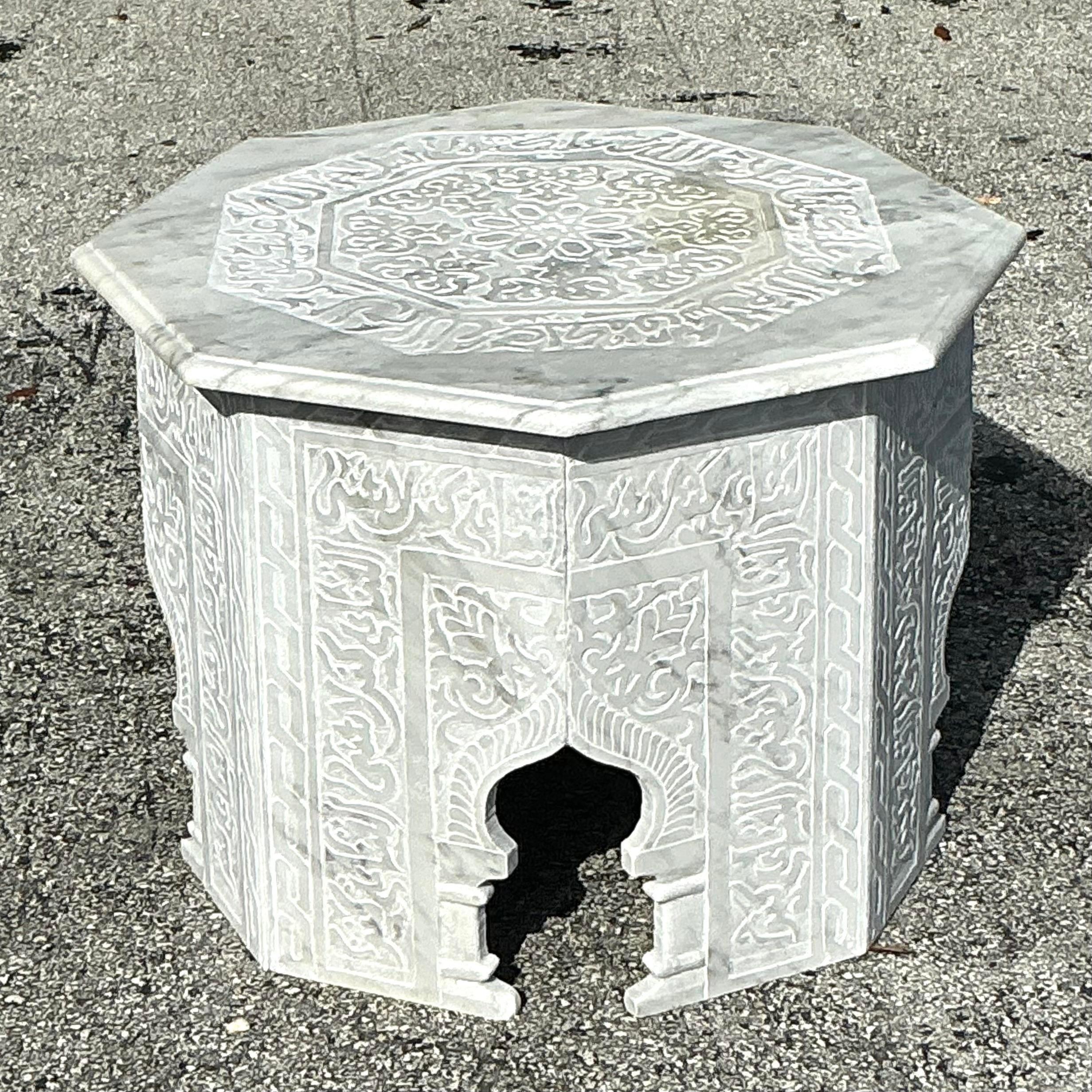 20th Century Vintage Boho Carved Marble Moroccan Octagon Side Table