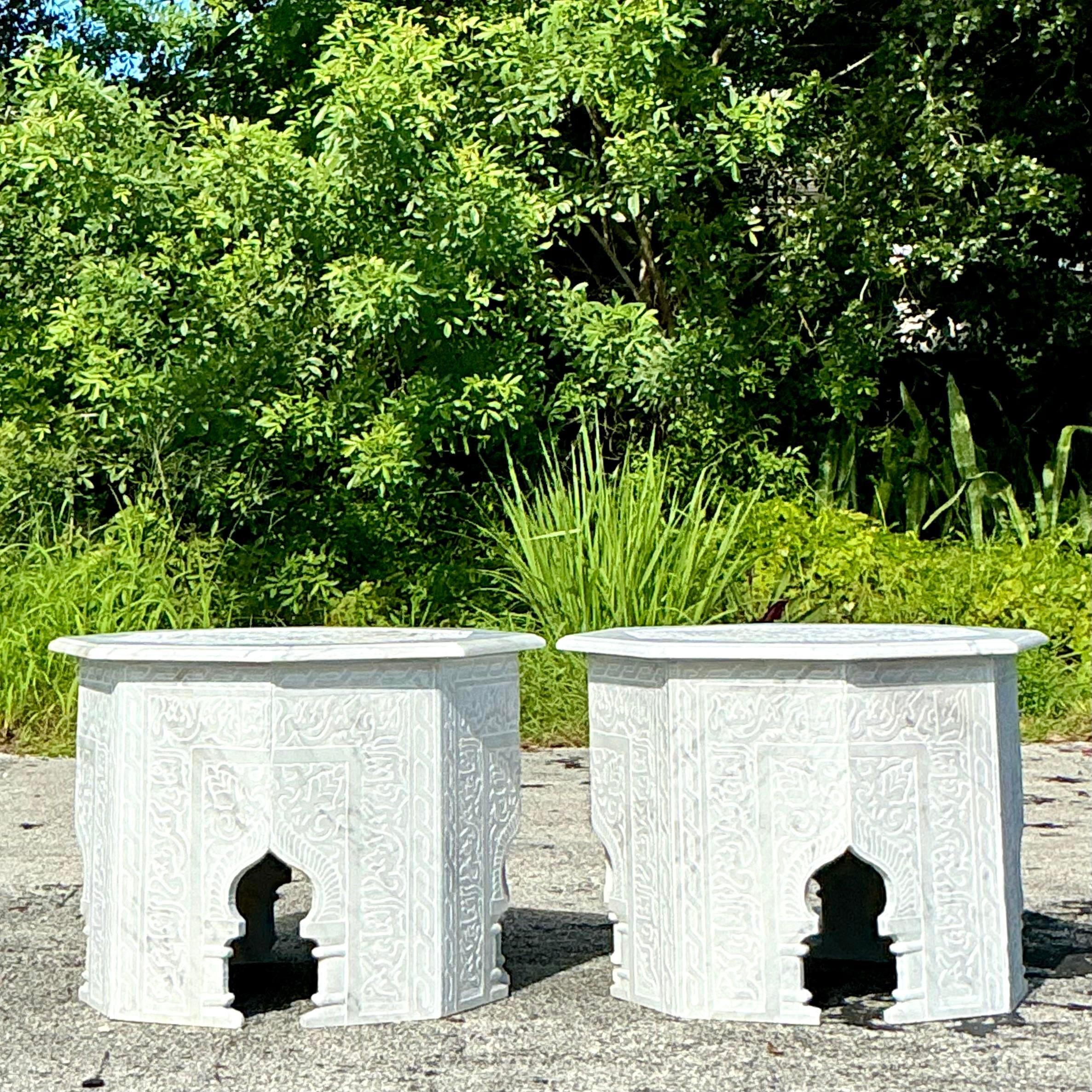 Vintage Boho Carved Marble Moroccan Octagon Side Table 1