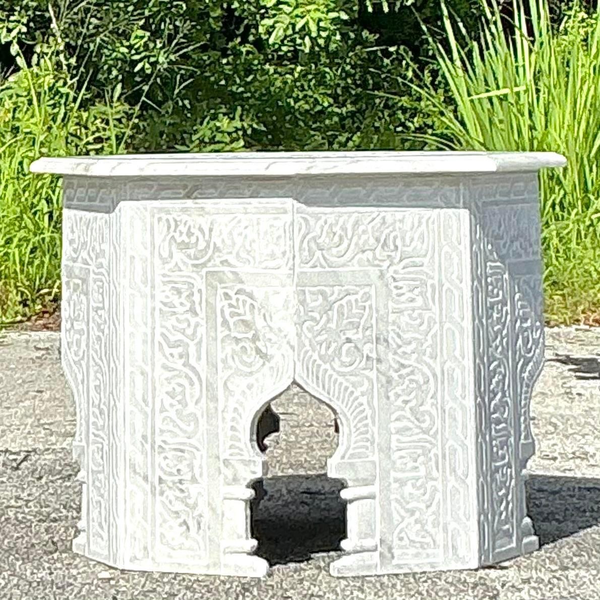 Vintage Boho Carved Marble Moroccan Octagon Side Table 2