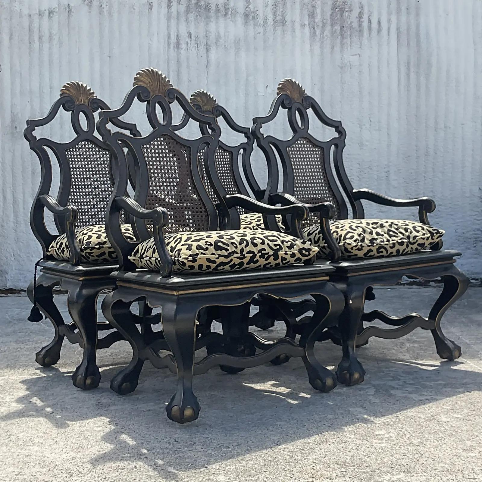Vintage Boho Carved Monumental Cane Chairs, Set of 4 4