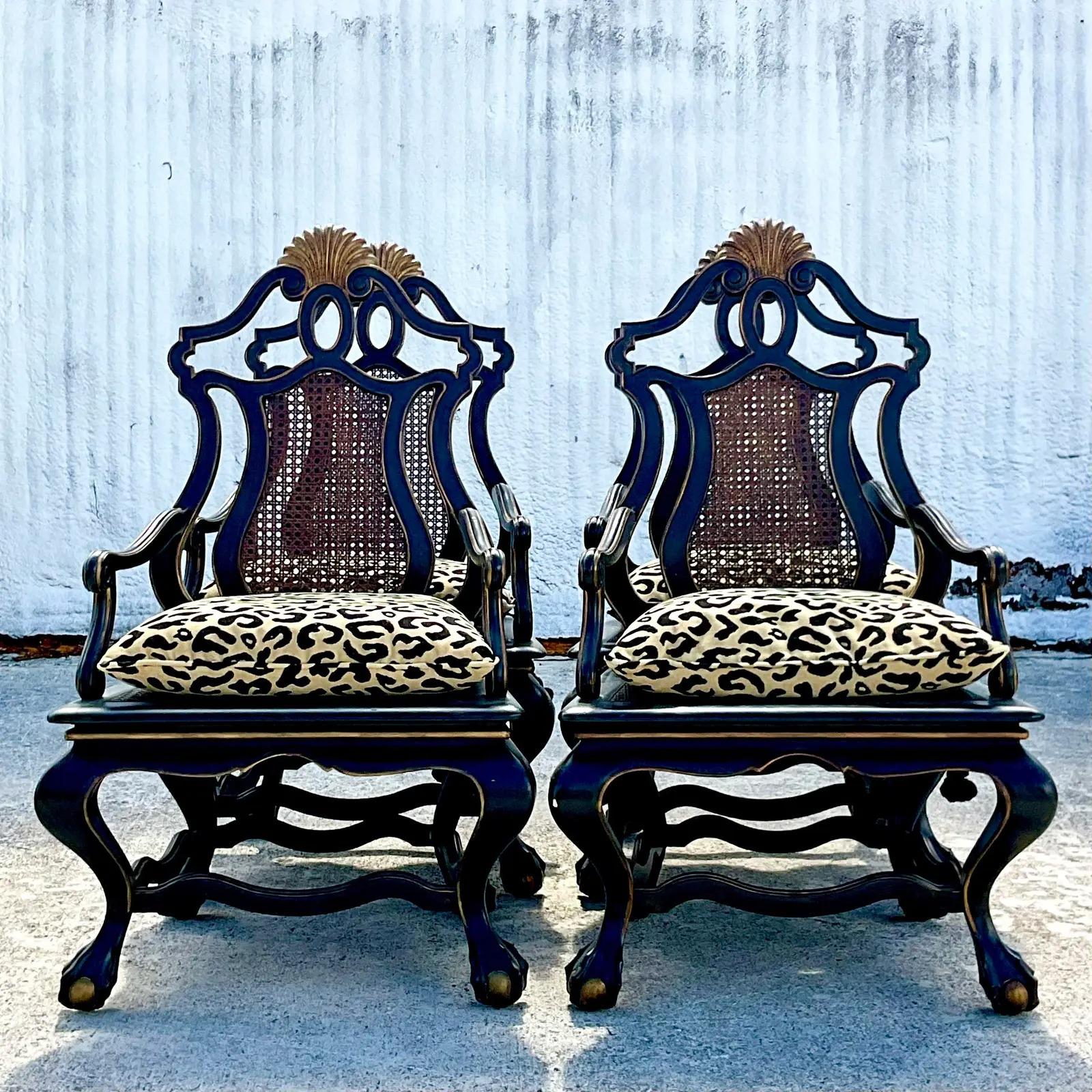 Vintage Boho Carved Monumental Cane Chairs, Set of 4 6