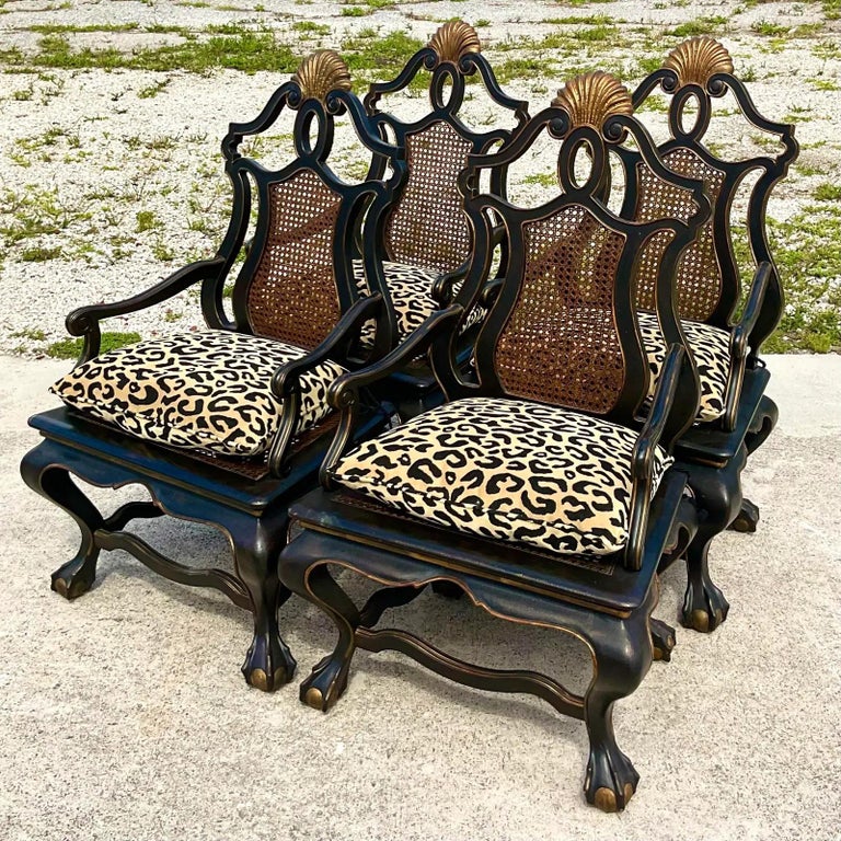 Vintage Boho Carved Monumental Cane Chairs, Set of 4 For Sale at 1stDibs