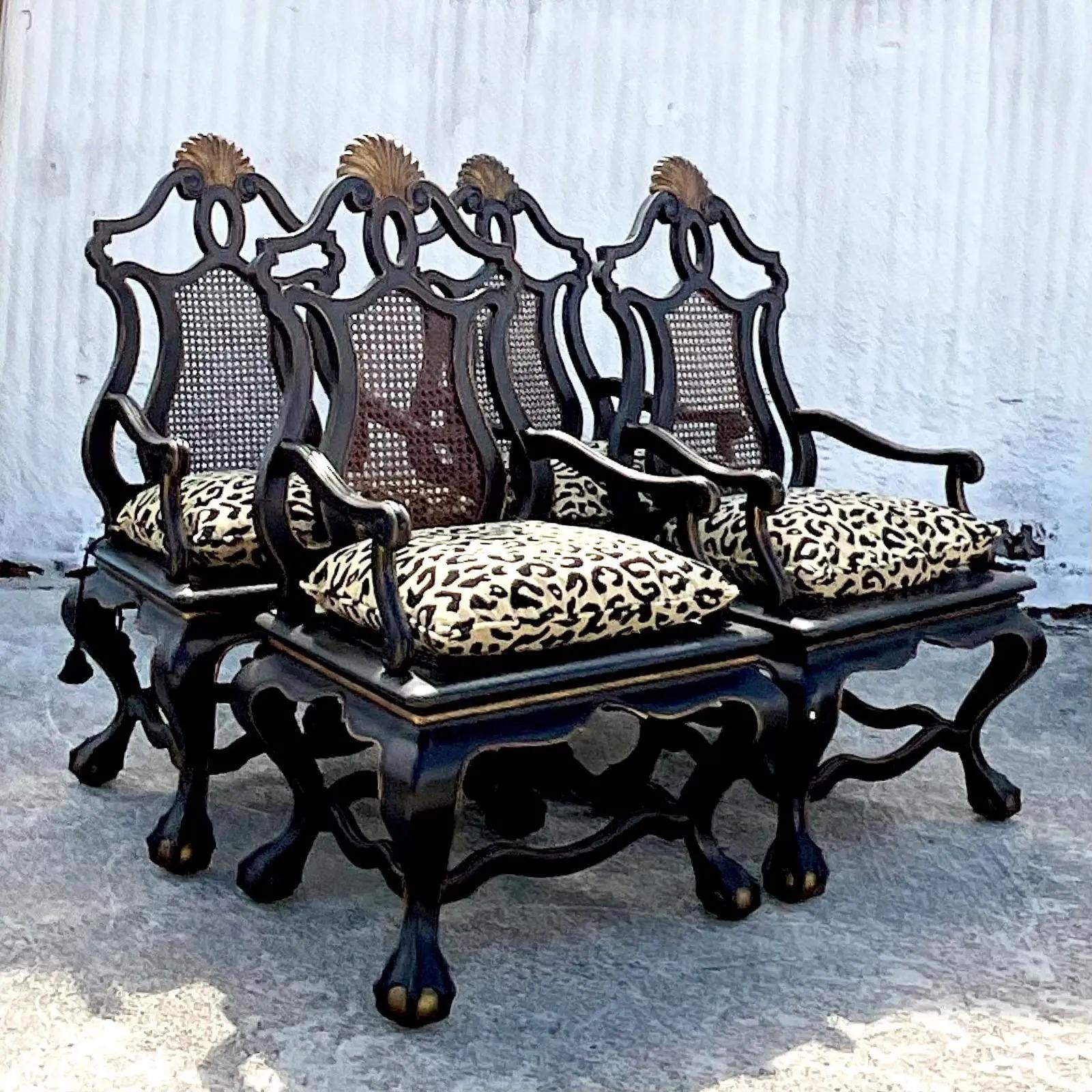 North American Vintage Boho Carved Monumental Cane Chairs, Set of 4