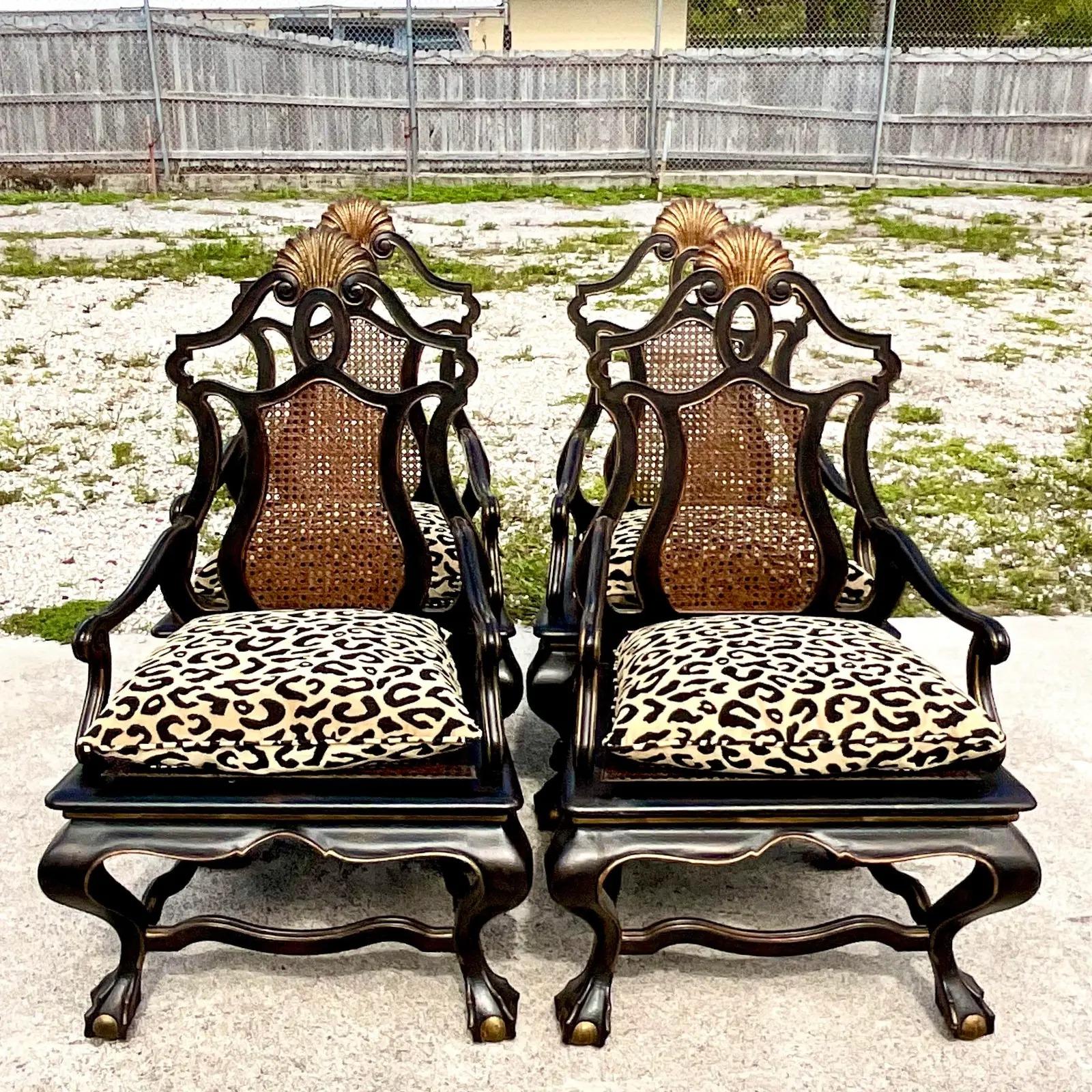 Vintage Boho Carved Monumental Cane Chairs, Set of 4 In Good Condition In west palm beach, FL
