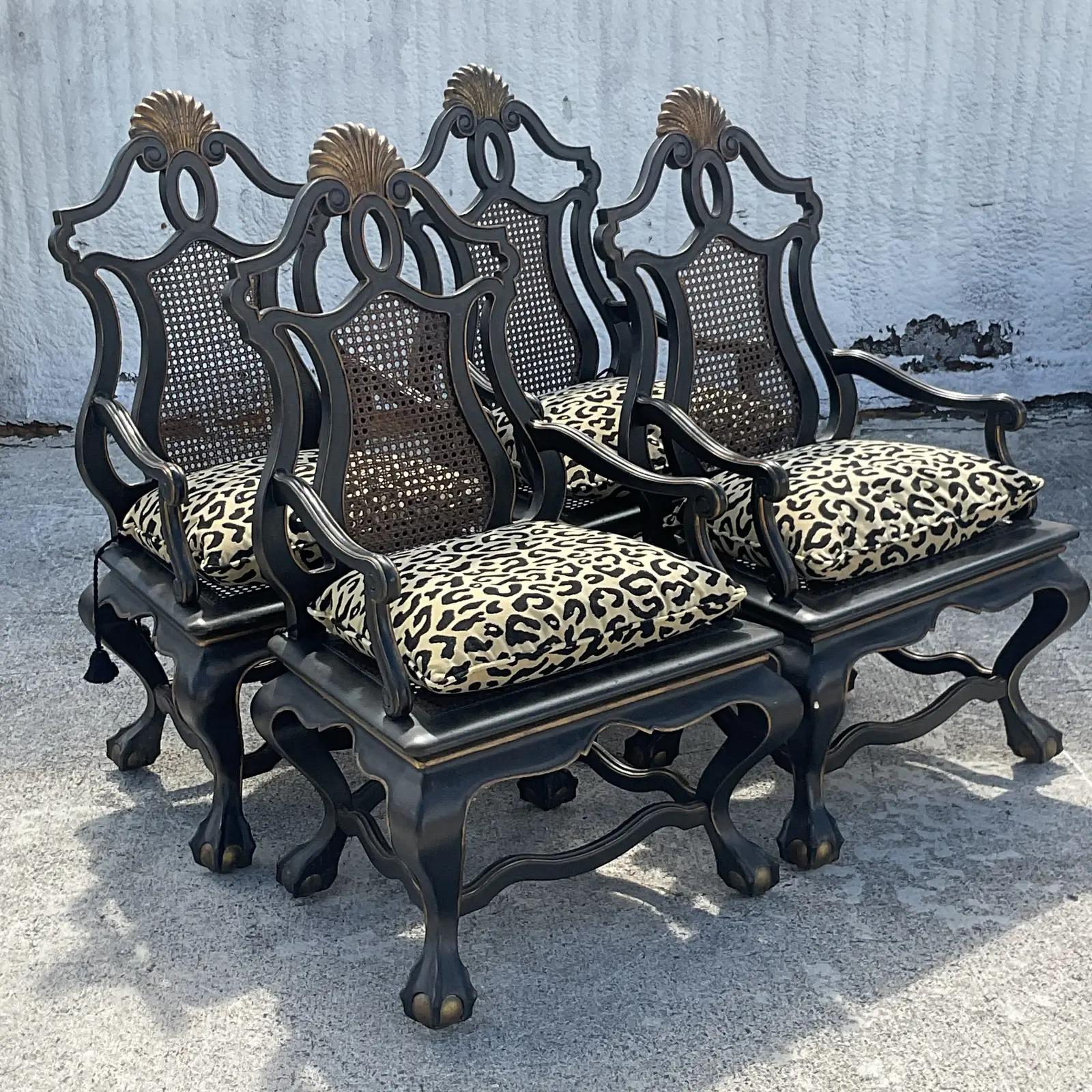 Velvet Vintage Boho Carved Monumental Cane Chairs, Set of 4