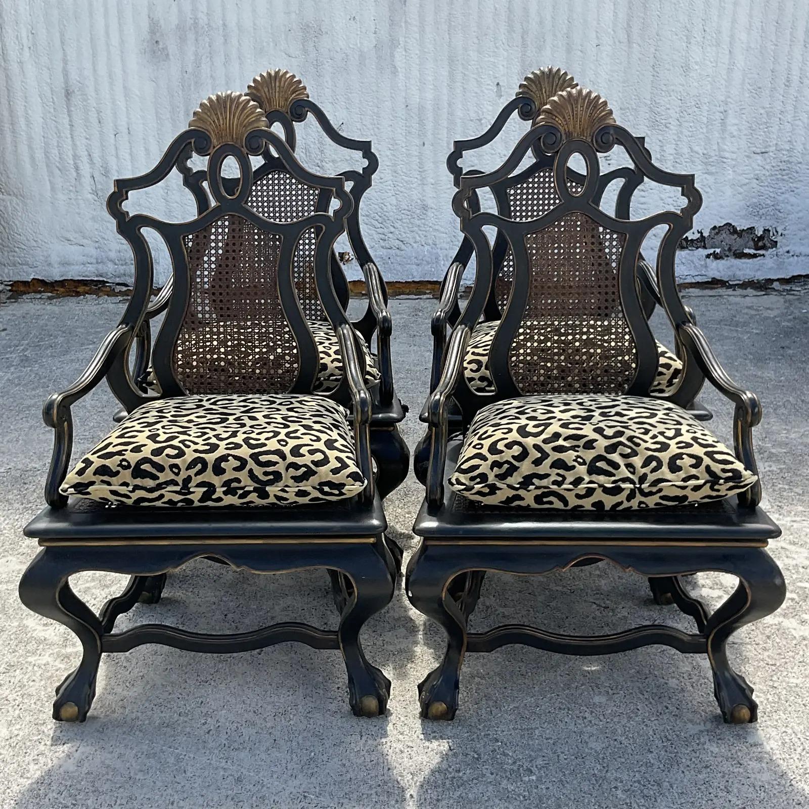 Vintage Boho Carved Monumental Cane Chairs, Set of 4 2