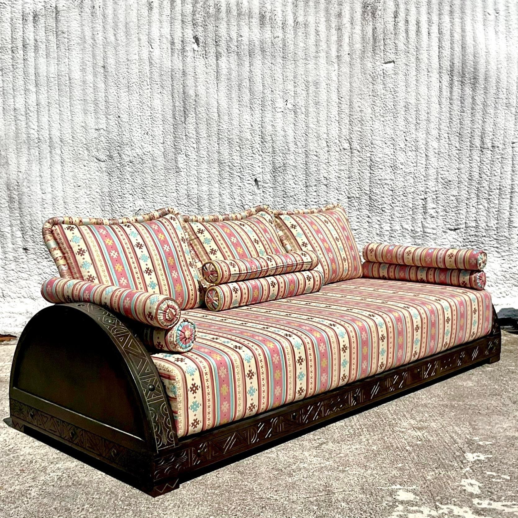 Vintage Boho Carved Moroccan Sofa 6