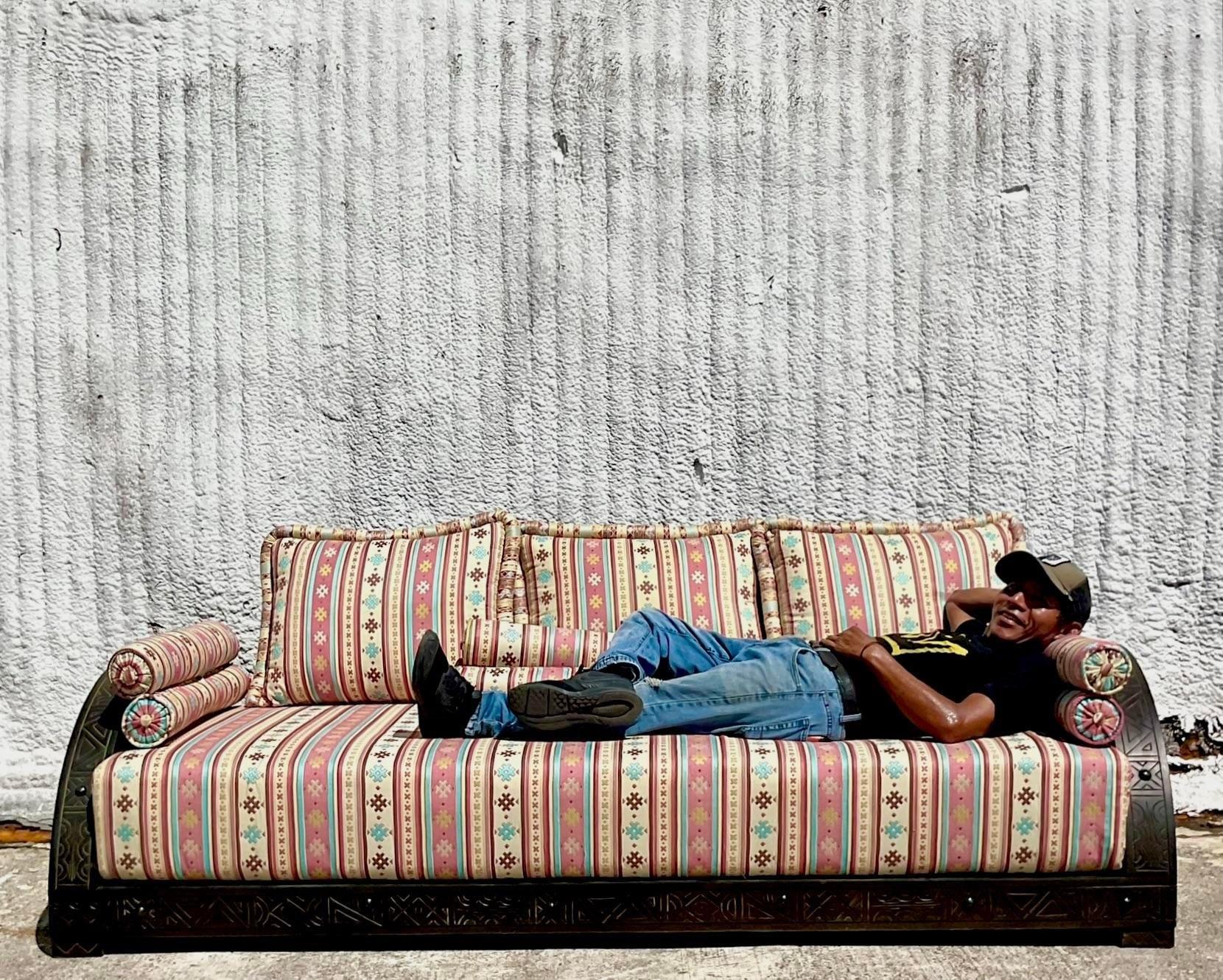 Vintage Boho Carved Moroccan Sofa In Good Condition In West Palm Beach, FL