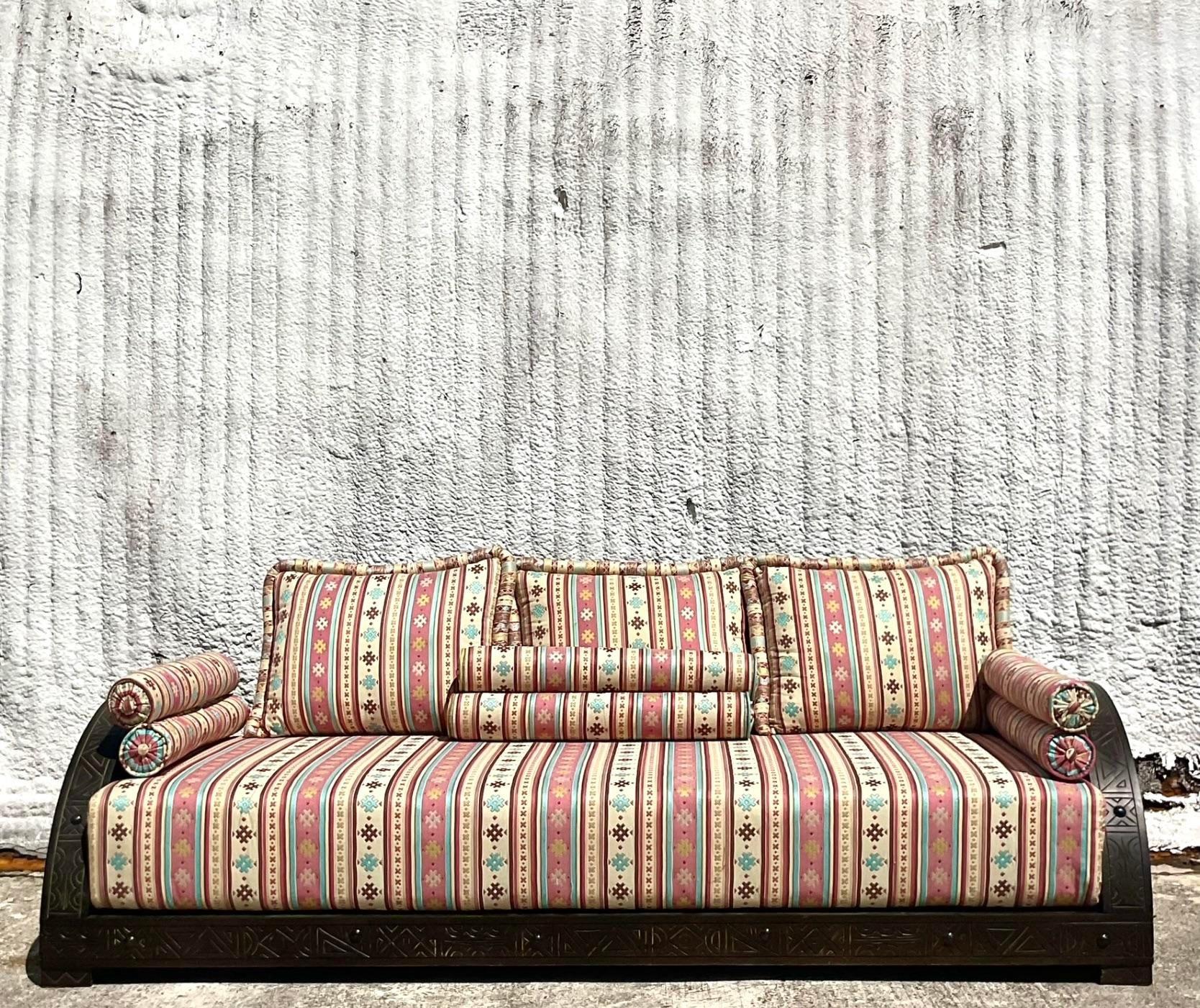 20th Century Vintage Boho Carved Moroccan Sofa