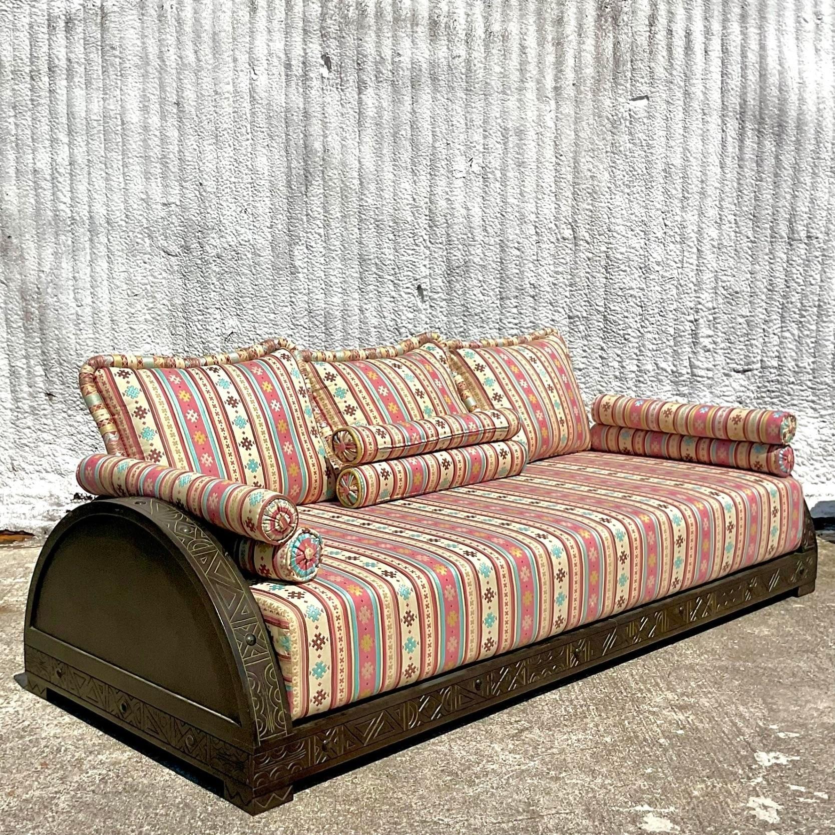 Vintage Boho Carved Moroccan Sofa 2