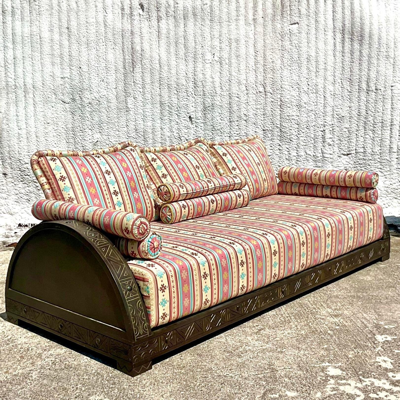 Vintage Boho Carved Moroccan Sofa 4