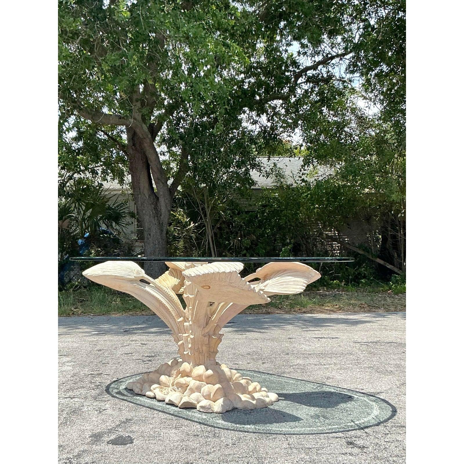 American Vintage Boho Carved Palm Tree Dining Table For Sale