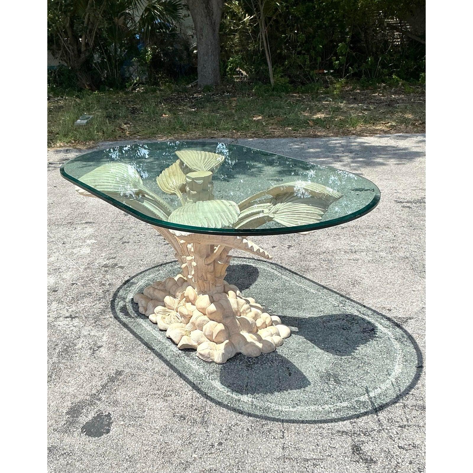 Glass Vintage Boho Carved Palm Tree Dining Table For Sale
