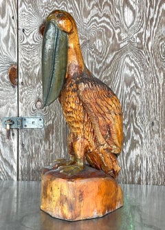Vintage Boho Carved Pelican Sculpture