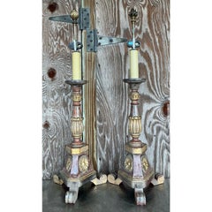 Vintage Boho Carved Pricket Lamps - a Pair
