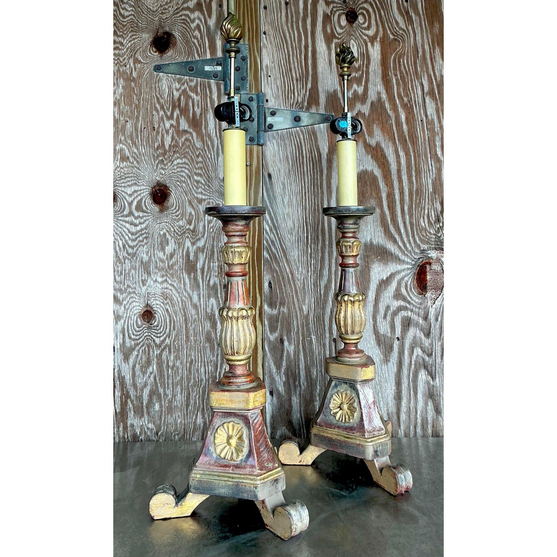 Américain Paire de lampes en grès sculpté Boho Vintage en vente