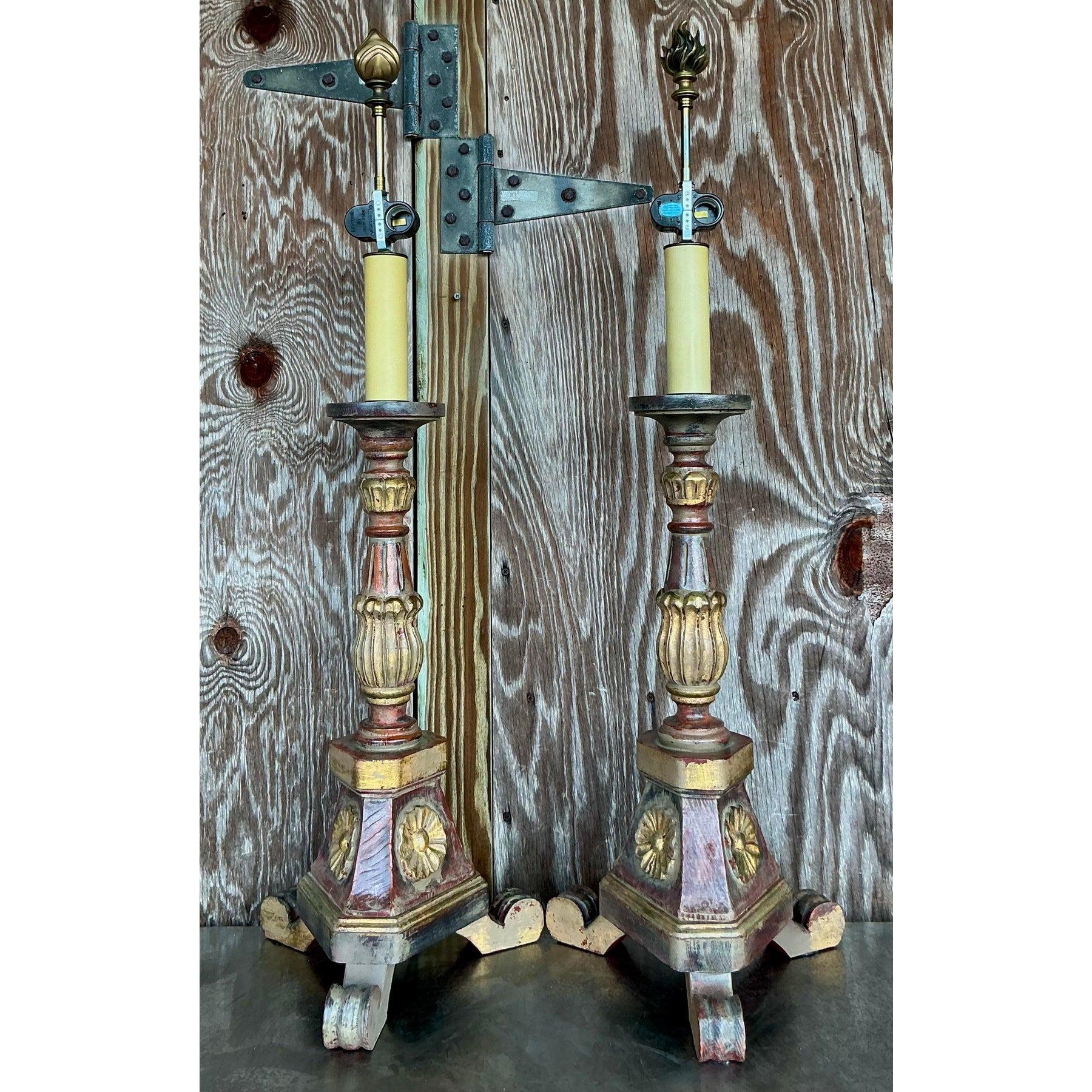 Bois Paire de lampes en grès sculpté Boho Vintage en vente