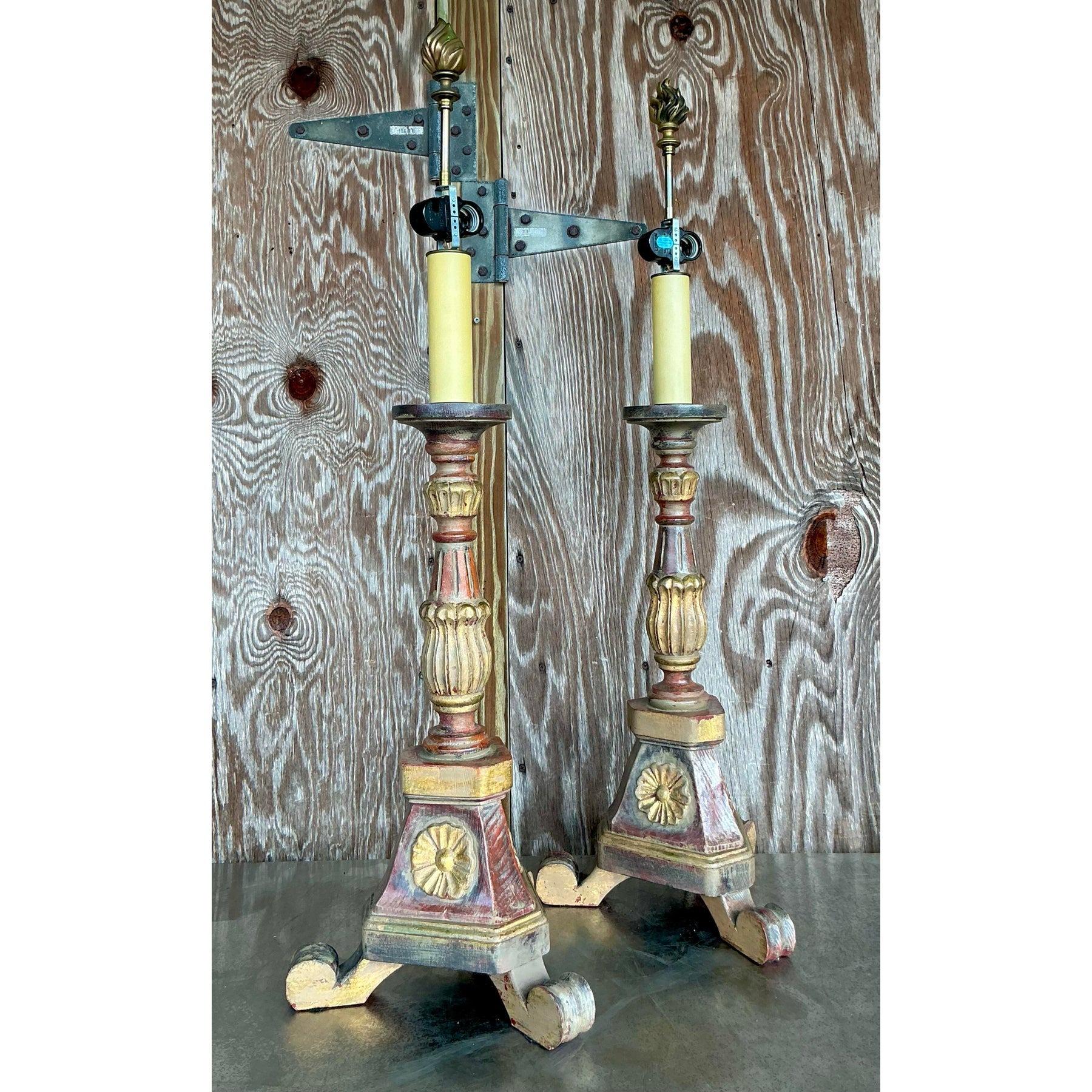 Paire de lampes en grès sculpté Boho Vintage en vente 1
