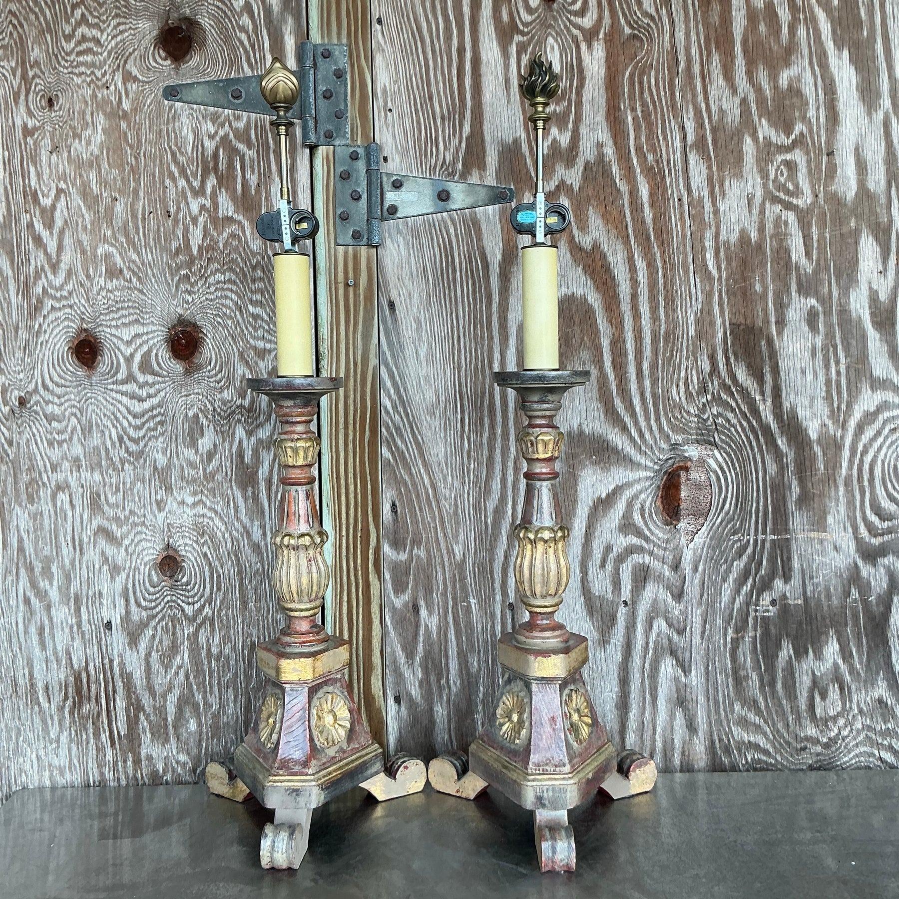 Paire de lampes en grès sculpté Boho Vintage en vente 2