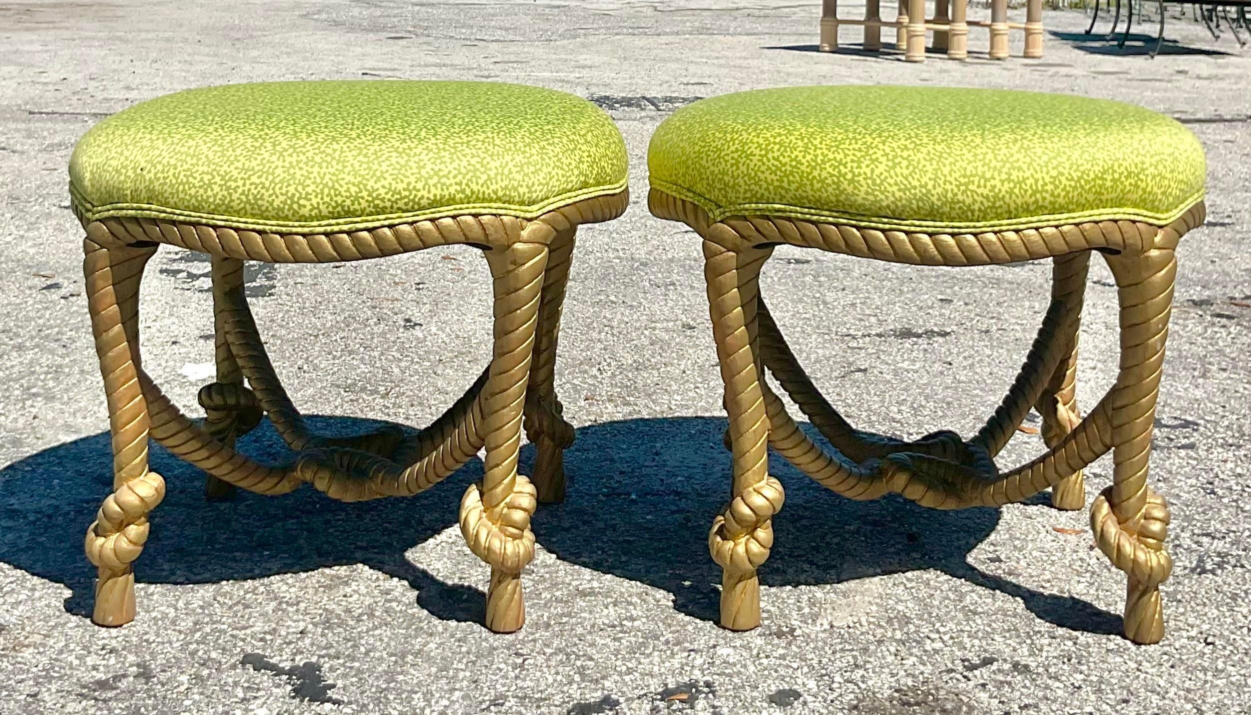 Vintage Boho Carved Rope and Knot Stools - a Pair In Good Condition In west palm beach, FL