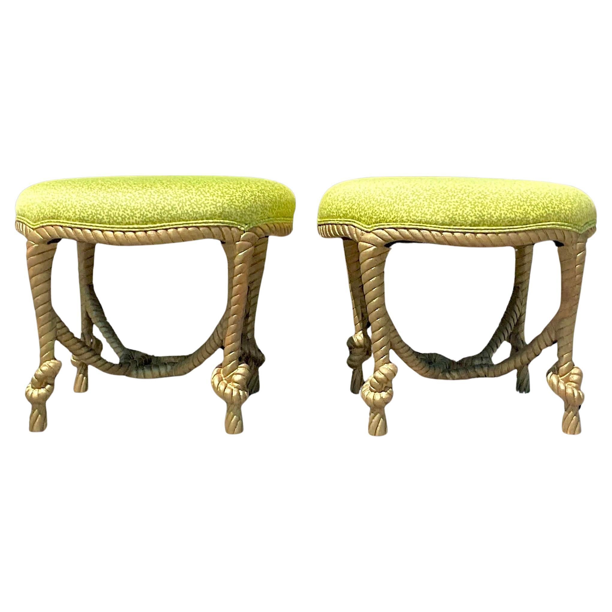 Vintage Boho Carved Rope and Knot Stools - a Pair