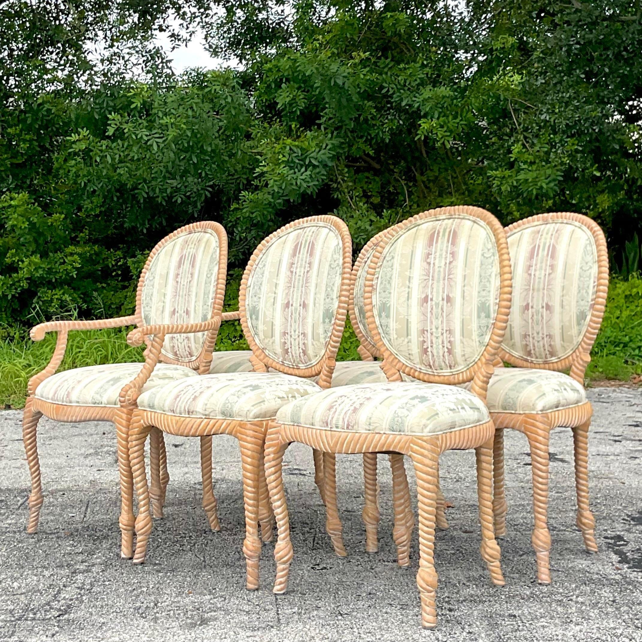 Chaises de salle à manger vintage Boho espagnoles en corde sculptée - Lot de 6 Bon état - En vente à west palm beach, FL