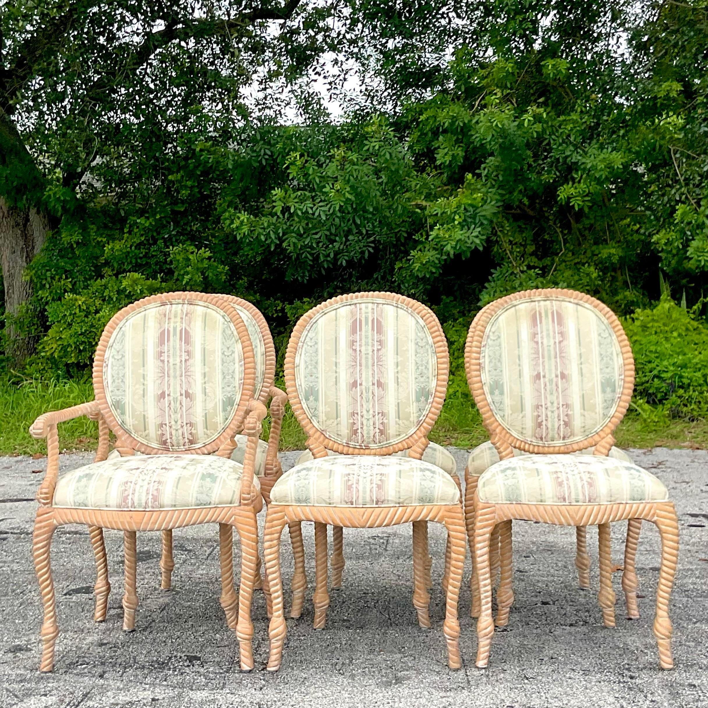 Vintage Boho Spanish Carved Rope Dining Chairs - Set of 6 In Good Condition For Sale In west palm beach, FL