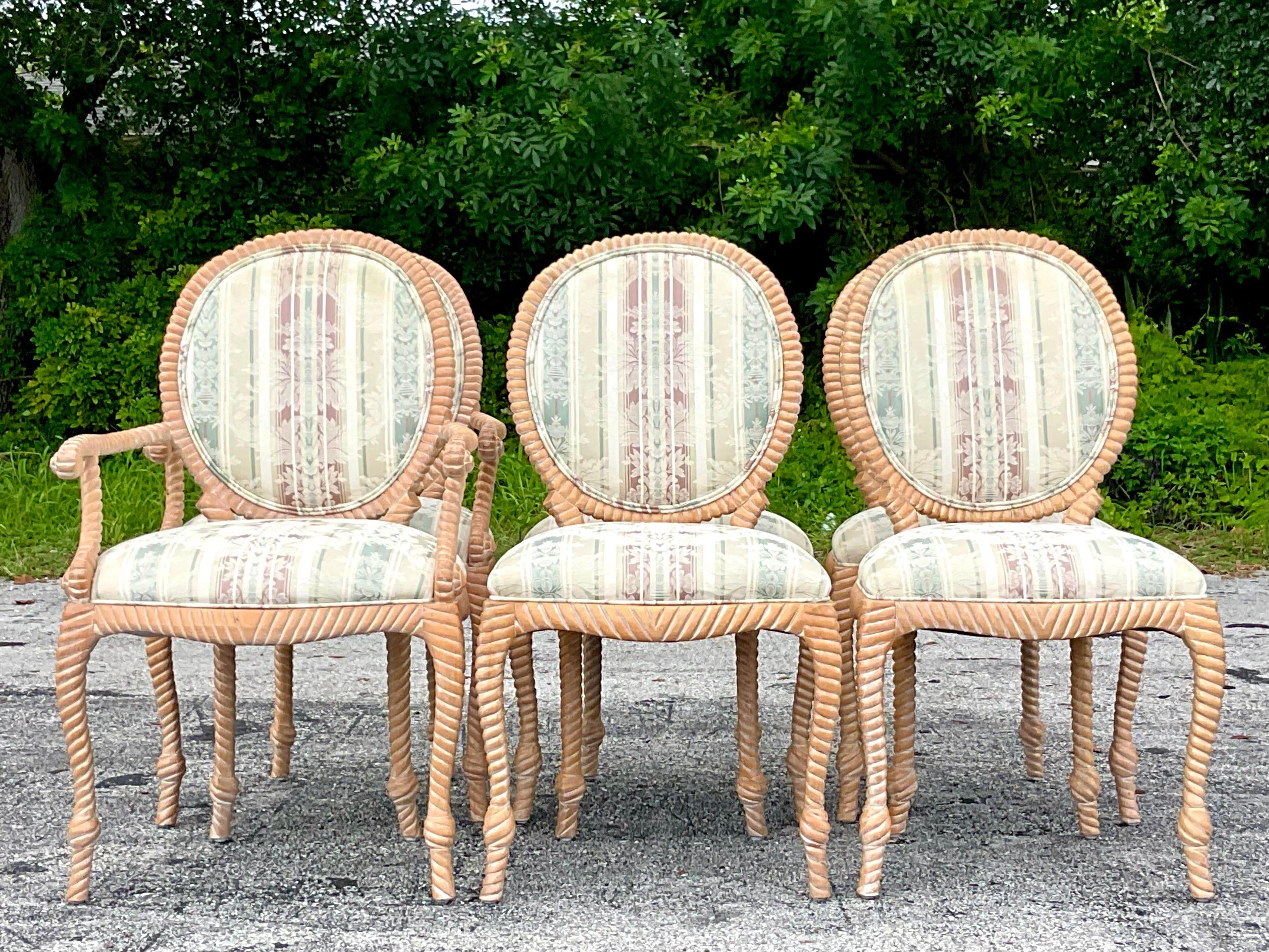 Spanische Vintage-Esszimmerstühle aus geschnitztem Seil von Boho, 6er-Set im Zustand „Gut“ im Angebot in west palm beach, FL