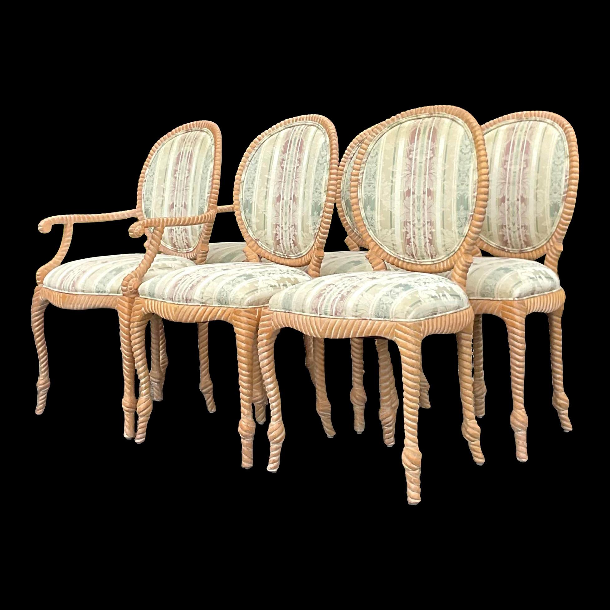 Vintage Boho Carved Rope Dining Chairs - Set of 6 For Sale at 1stDibs