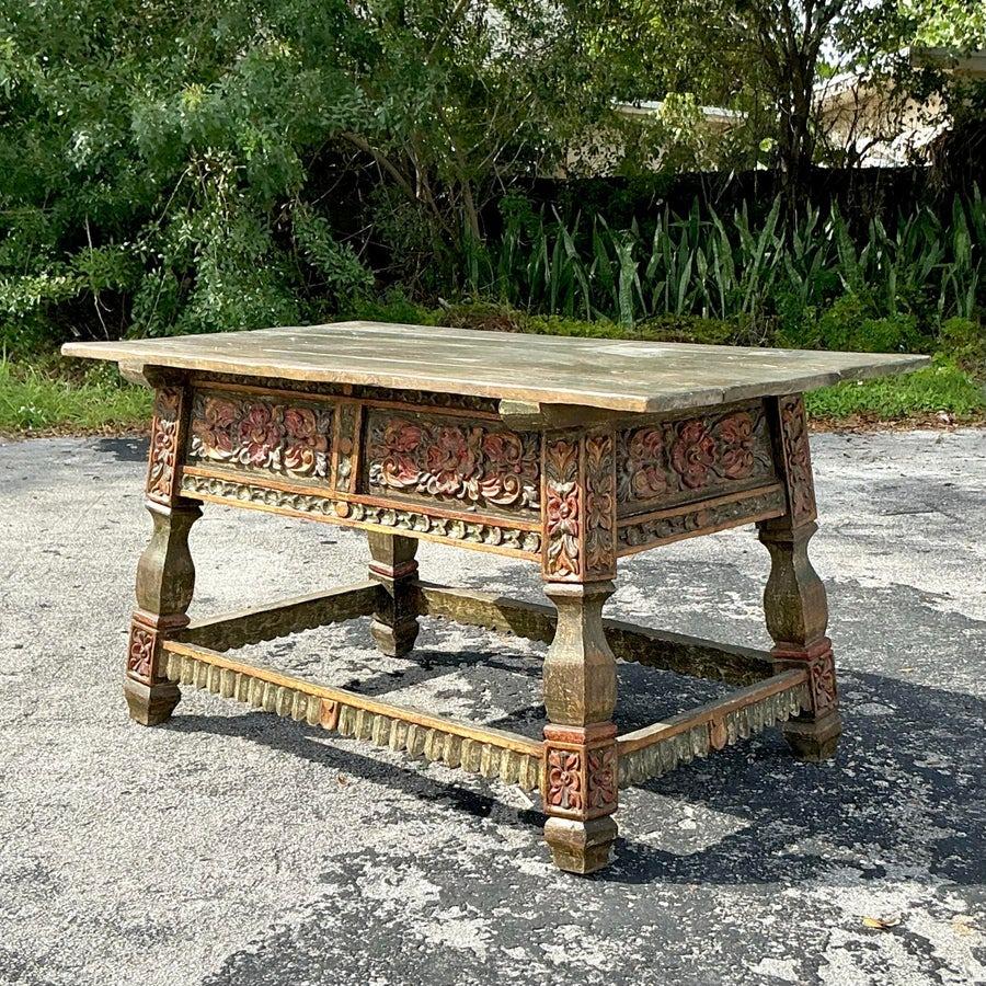 Elevate your home with the timeless elegance of this Vintage Boho Carved Rose Buffet Table. Crafted from solid wood, this exquisite piece features intricate hand-carved rose details, blending romantic charm with bohemian flair. Its rich finish