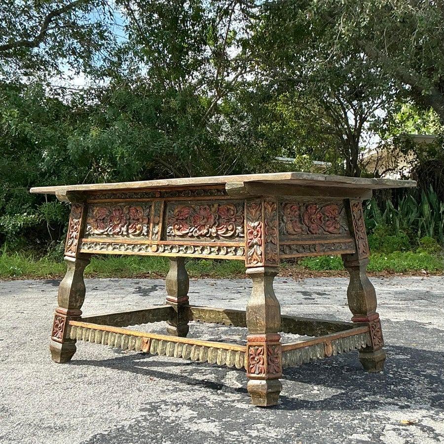 Wood Vintage Boho Carved Rose Buffet Table For Sale