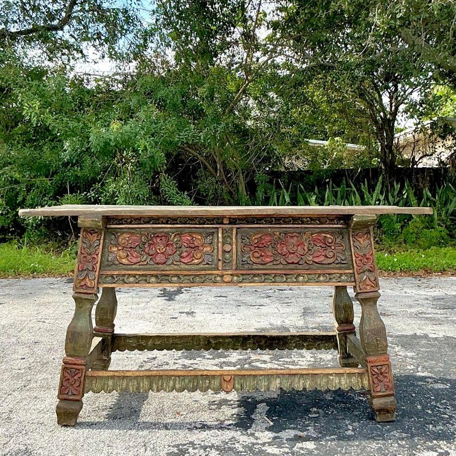 Vintage Boho Carved Rose Buffet Table For Sale 2