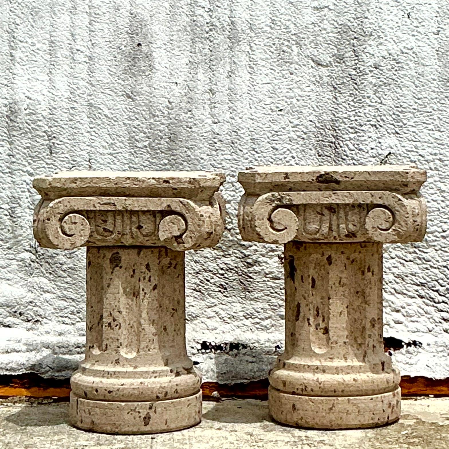 Enhance your dining area with this set of 2 Vintage Boho Carved Sandstone Dining Table Pedestals. Featuring intricate carvings and a robust sandstone construction, these pedestals bring a touch of natural elegance and bohemian flair to your decor.
