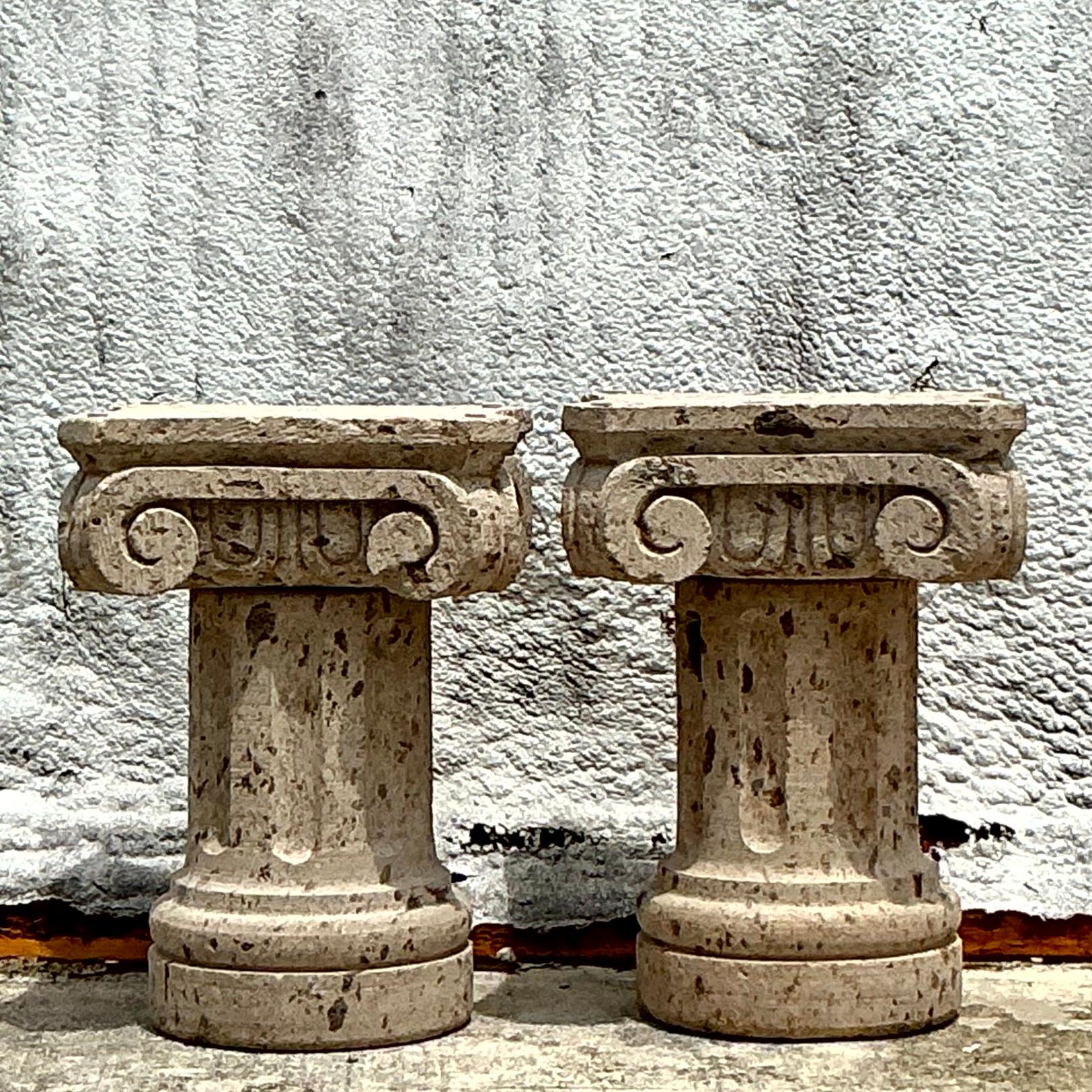 American Vintage Boho Carved Sandstone Dining Table Pedestals - Set of 2 For Sale