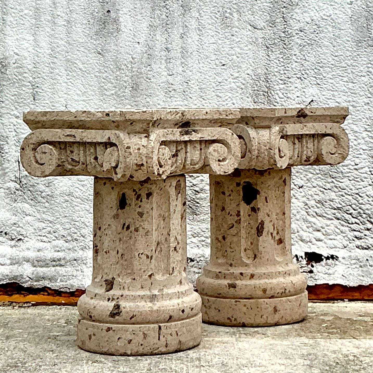 Vintage Boho Carved Sandstone Dining Table Pedestals - Set of 2 In Good Condition For Sale In west palm beach, FL