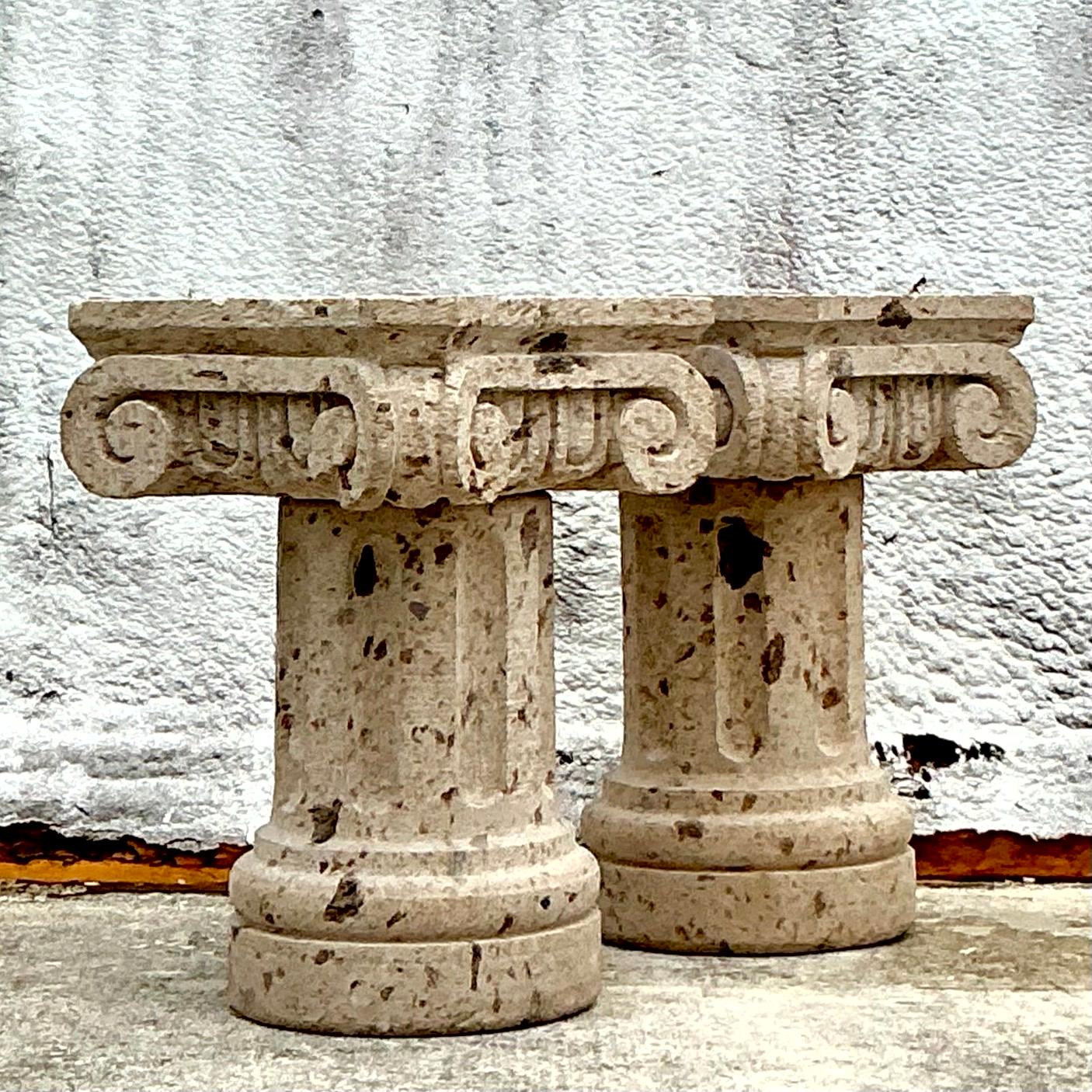 20th Century Vintage Boho Carved Sandstone Dining Table Pedestals - Set of 2 For Sale