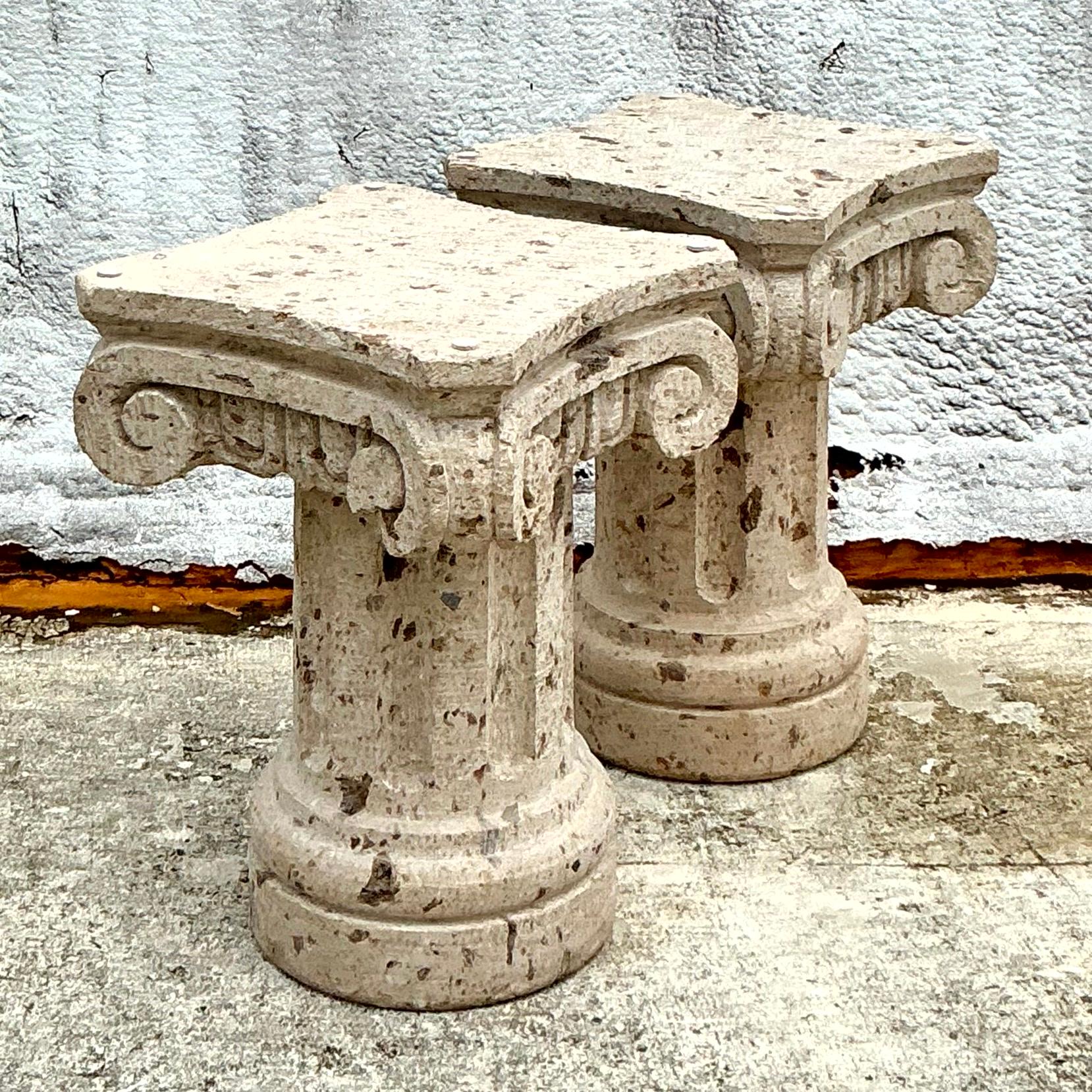 Vintage Boho Carved Sandstone Dining Table Pedestals - Set of 2 For Sale 1