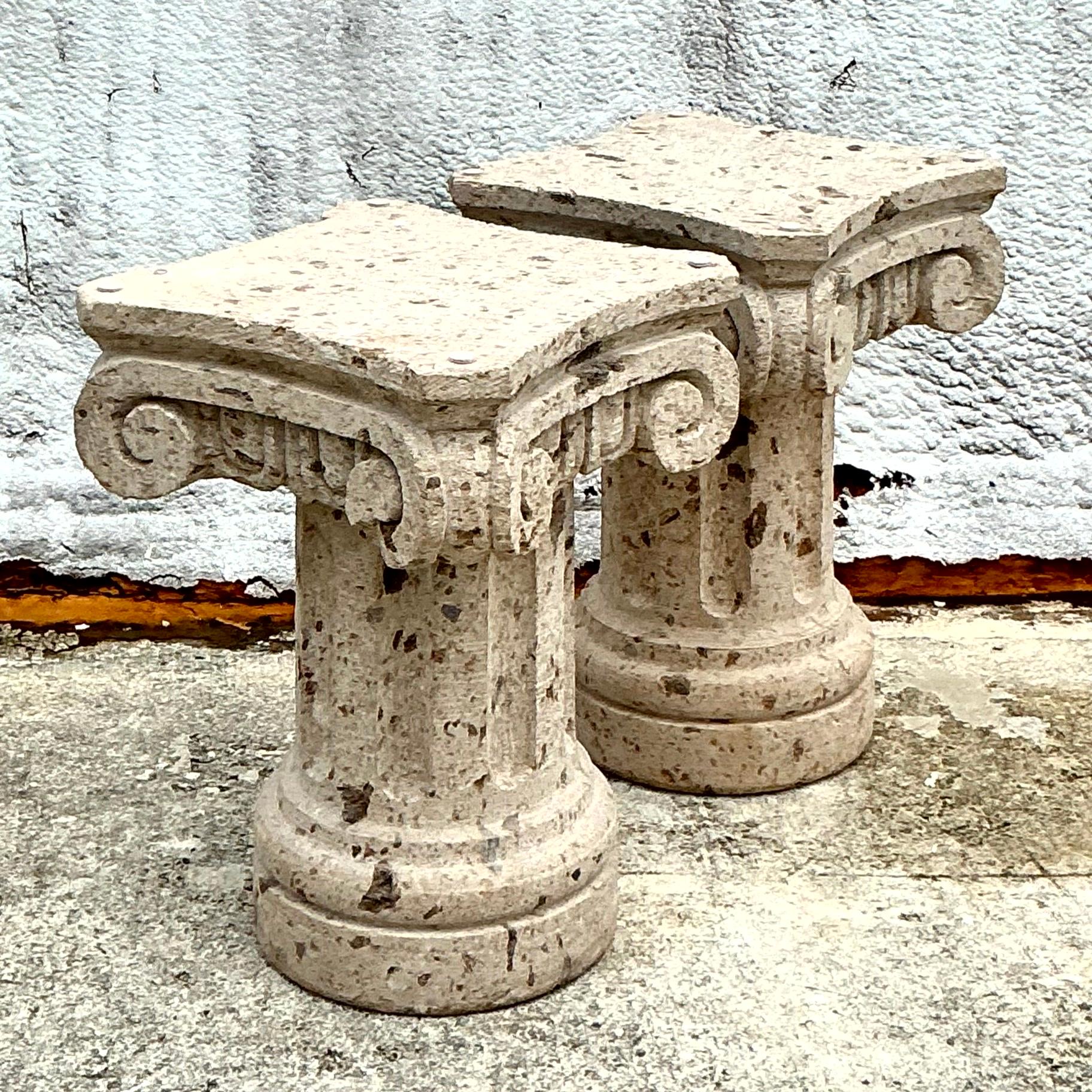 Vintage Boho Carved Sandstone Dining Table Pedestals - Set of 2 For Sale 2