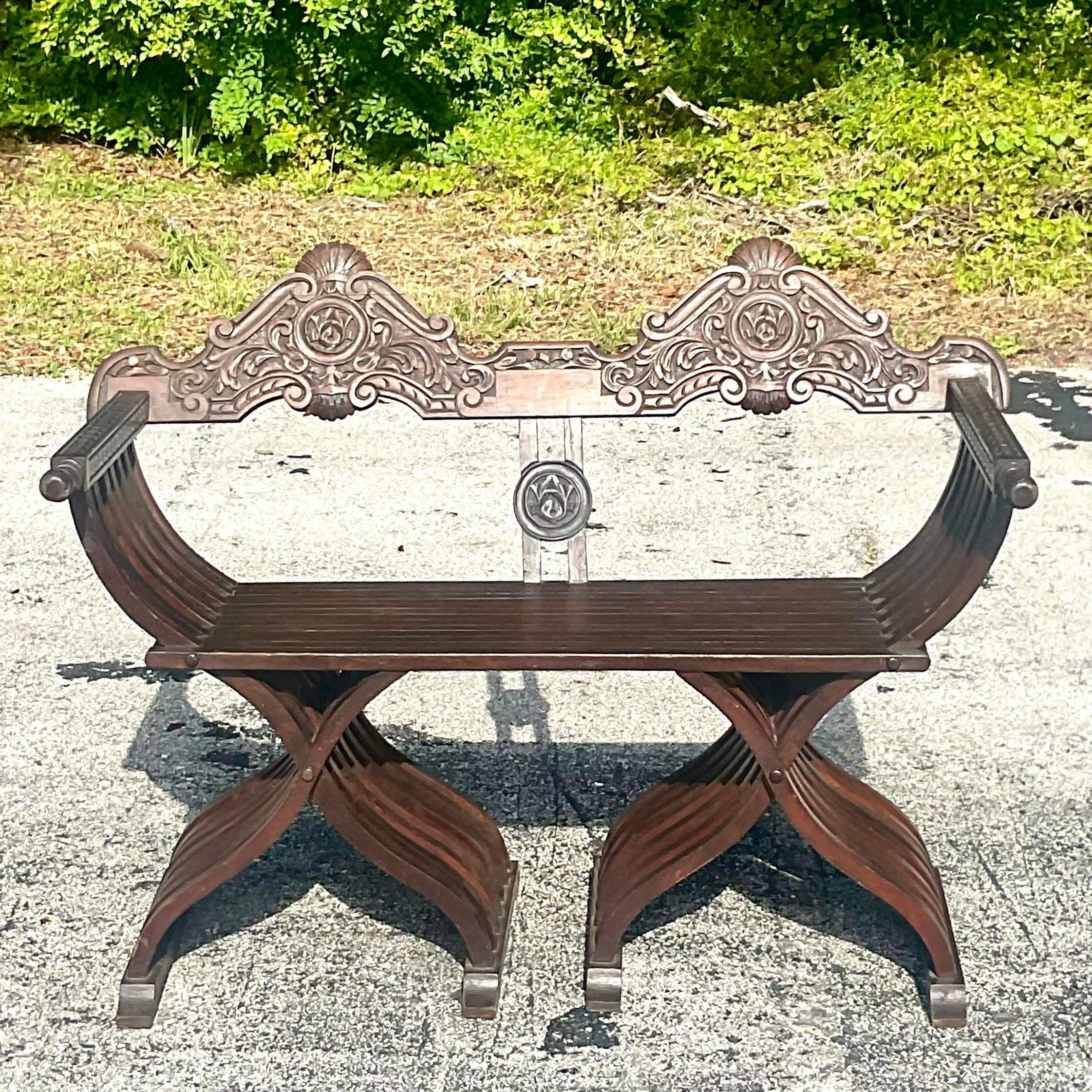 Vintage Boho Carved Savonarola Bench In Good Condition In West Palm Beach, FL