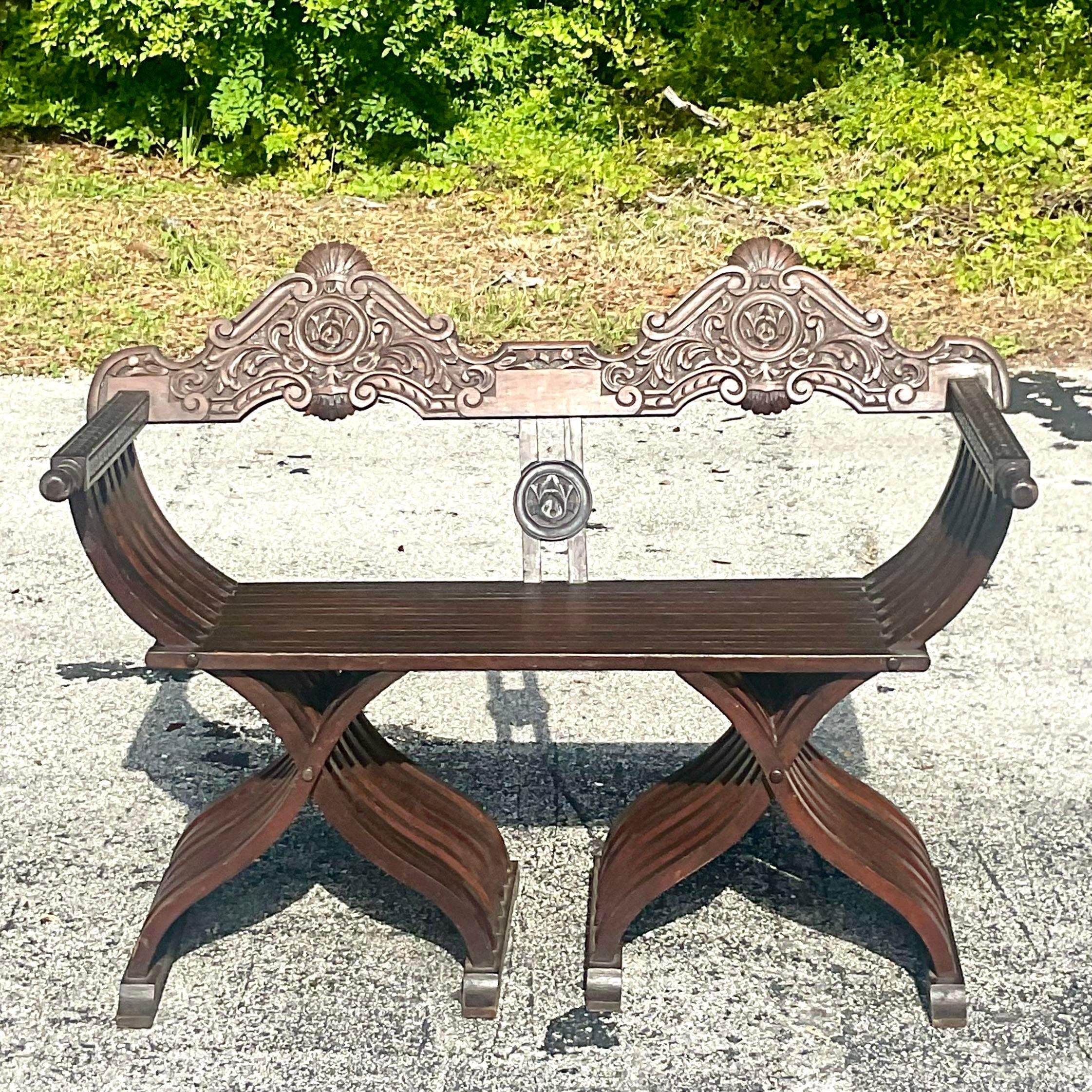 Vintage Boho Carved Savonarola Bench In Good Condition In west palm beach, FL