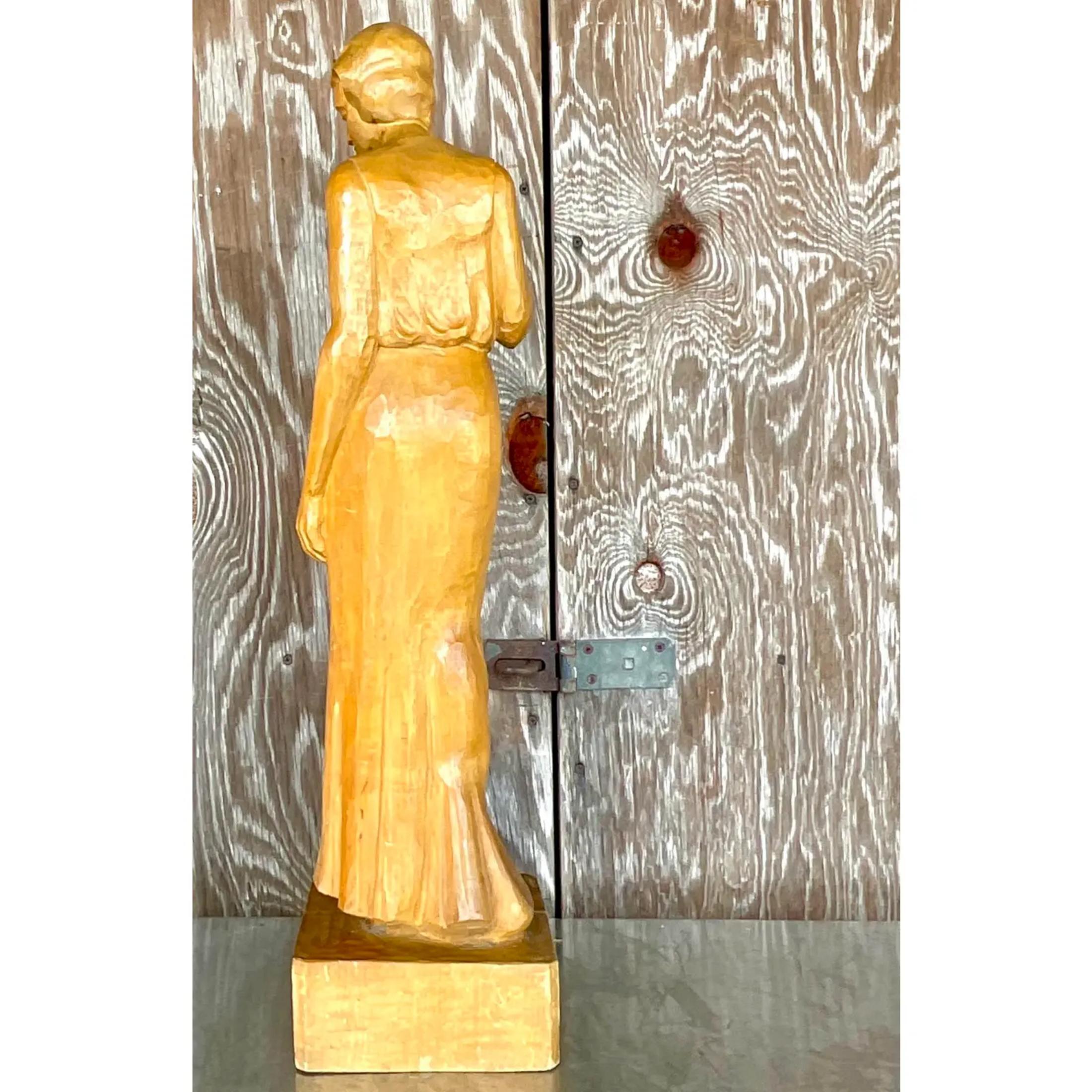 A stunning vintage Boho sculpture. A hand carved statue of a woman. Beautiful patina to the wood from time. Acquired from a Palm Beach estate
