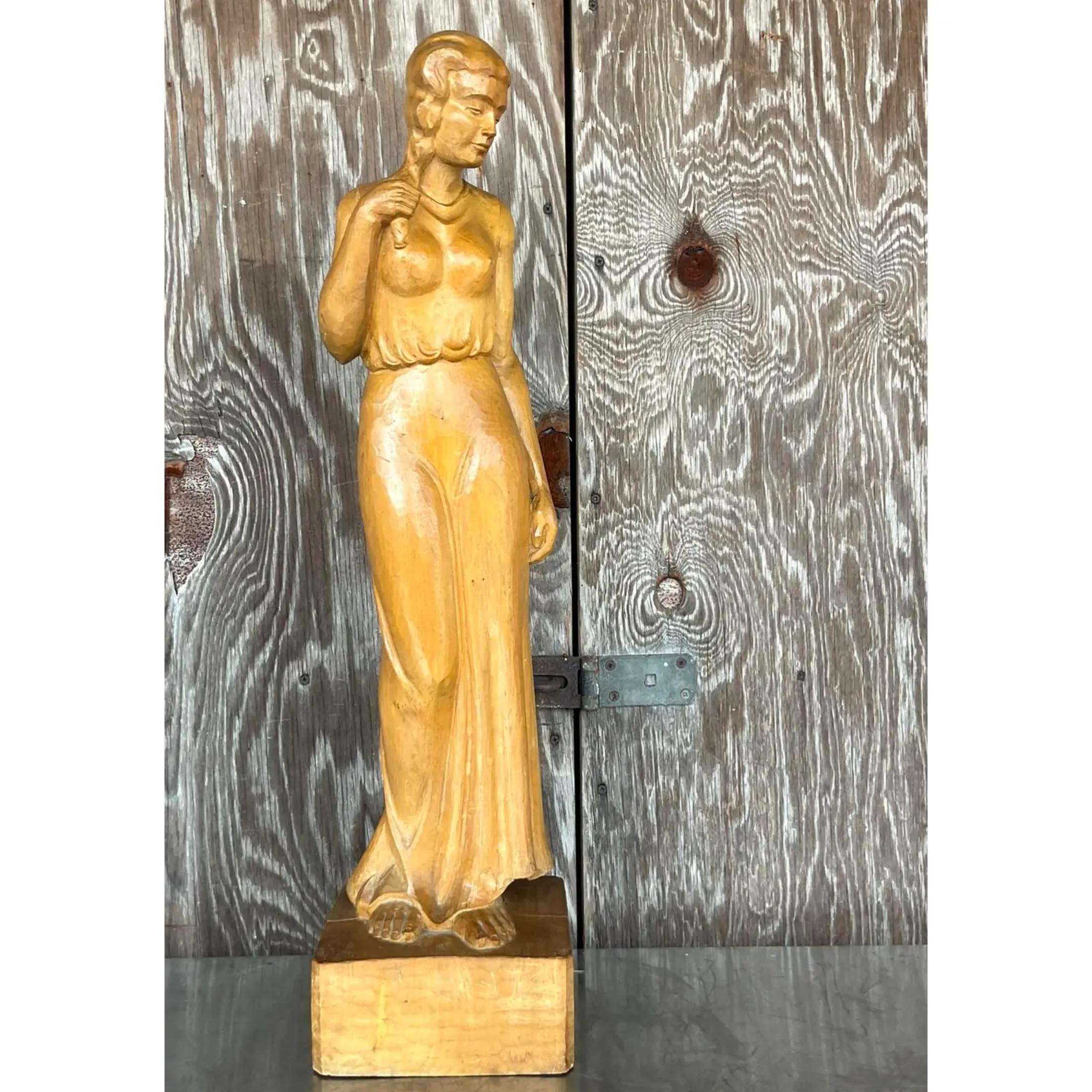 Bohemian Vintage Boho Carved Sculpture of Woman For Sale