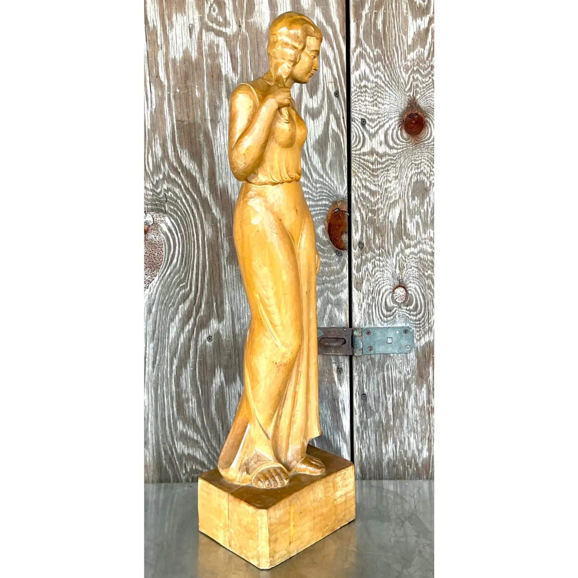 20th Century Vintage Boho Carved Sculpture of Woman For Sale